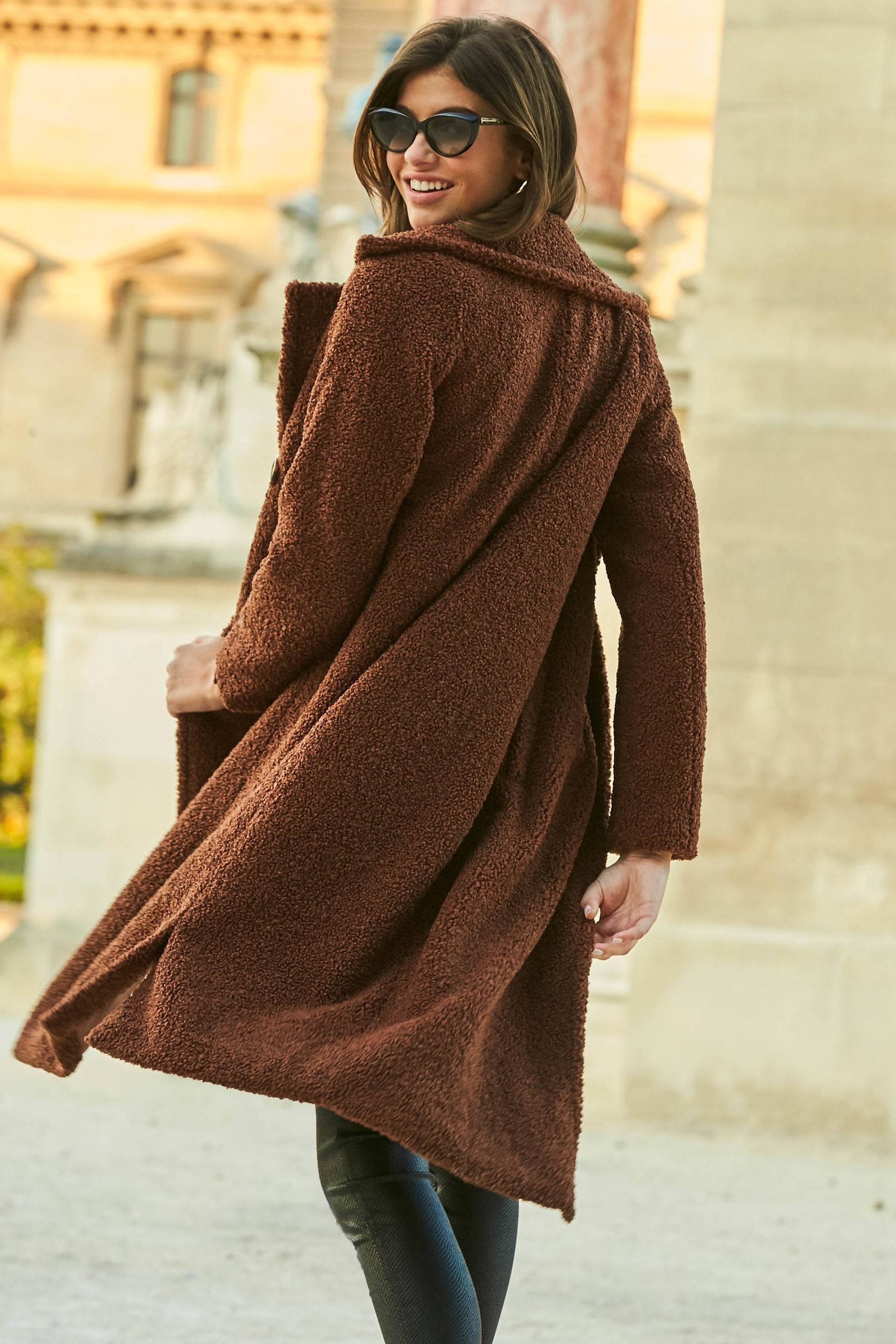 Buy Sosandar Brown Super Cosy Longline Borg Coat from Next Luxembourg