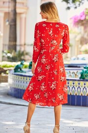 Sosandar Red Floral Print Ruched Waist Button Front Midi Dress - Image 2 of 5