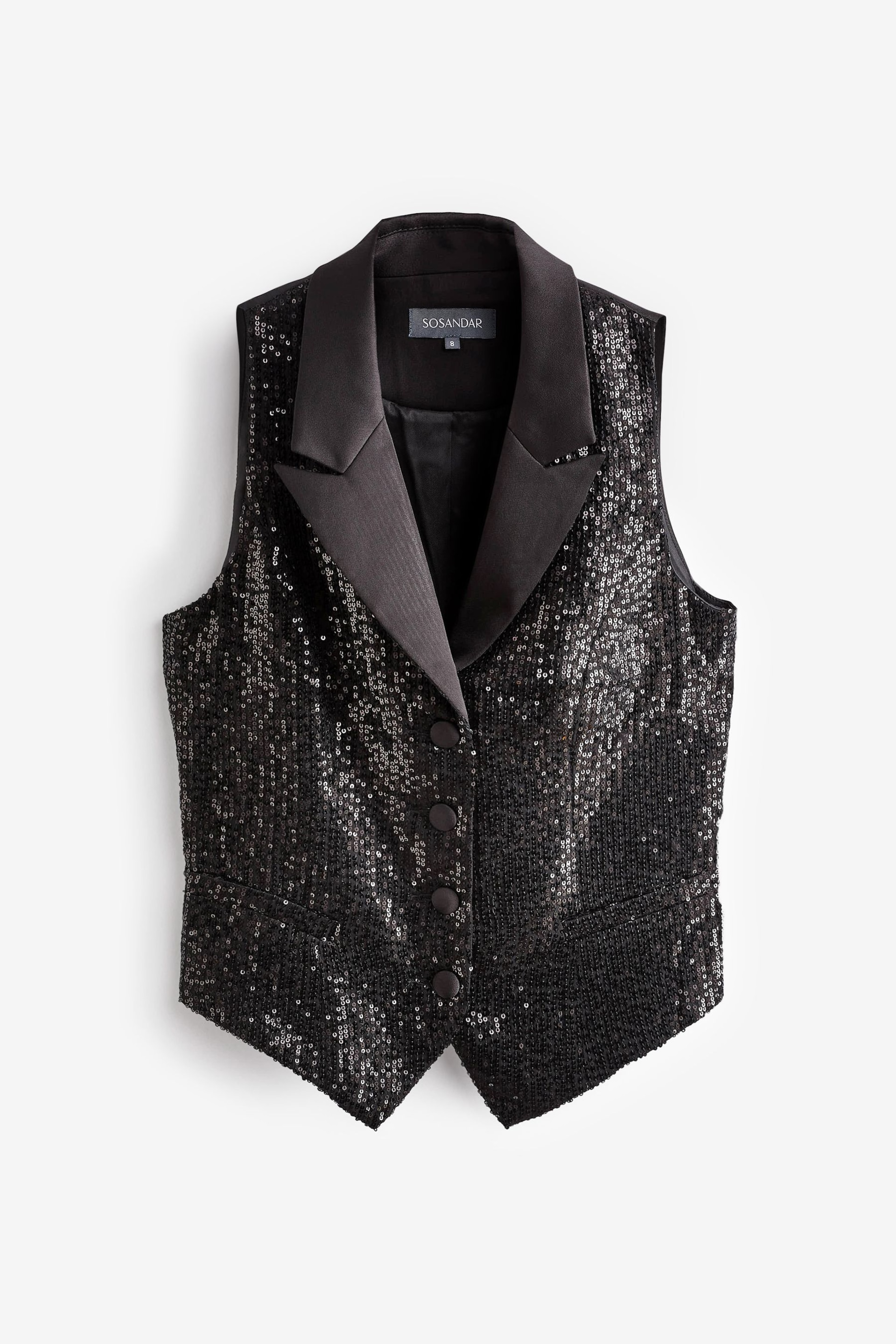 Sosandar Black Sequin Waistcoat Jacket With Satin Detail - Image 6 of 6