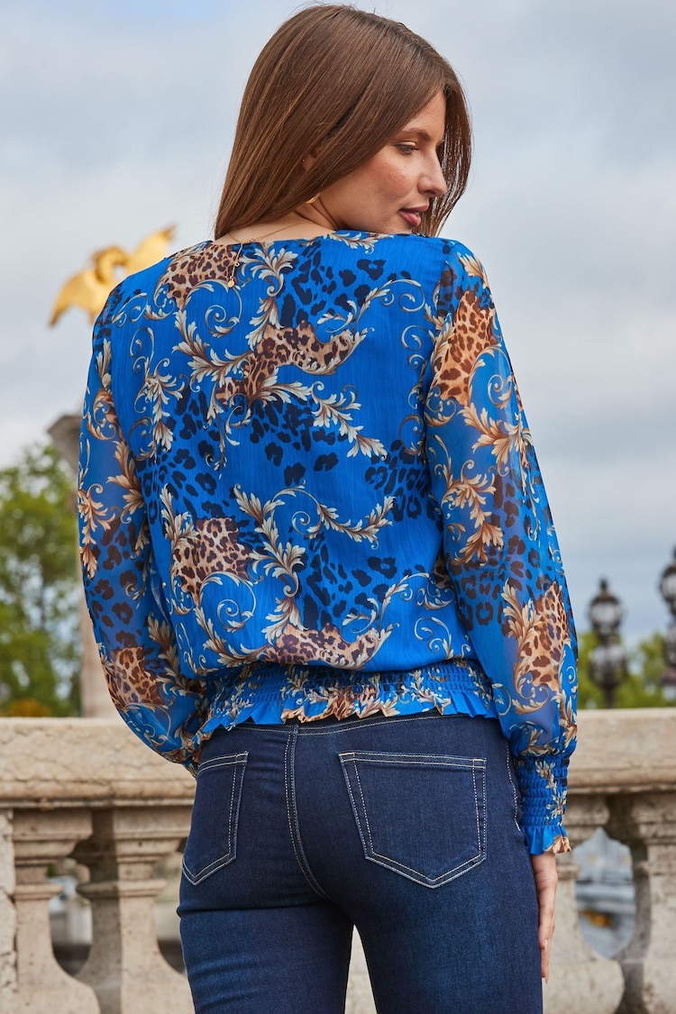 Sosandar Blue Multi Print Shirred Hem Wrap Blouse - Image 2 of 5