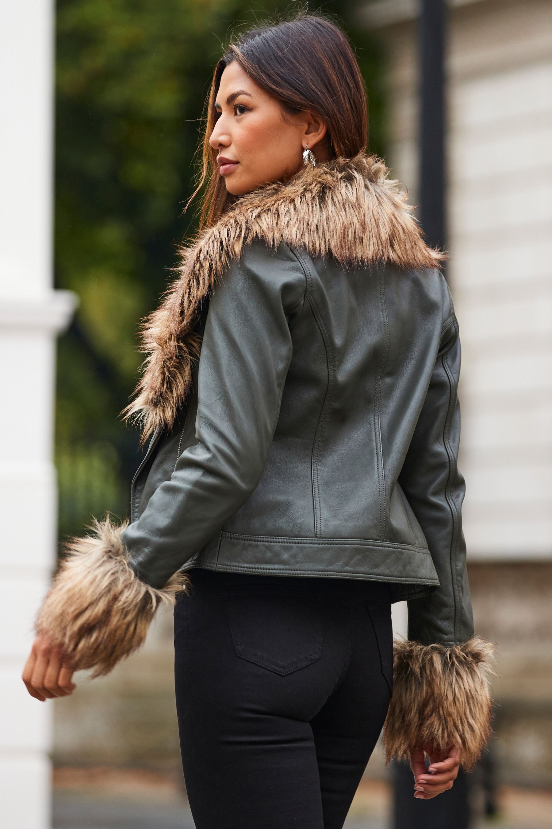 Buy Sosandar Green Leather Biker Jacket With Faux Fur Trim from Next Luxembourg