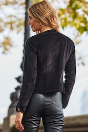 Sosandar Black Velvet Round Neck Pocket Front Denim Jacket - Image 2 of 5