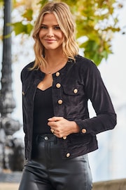 Sosandar Black Velvet Round Neck Pocket Front Denim Jacket - Image 4 of 5