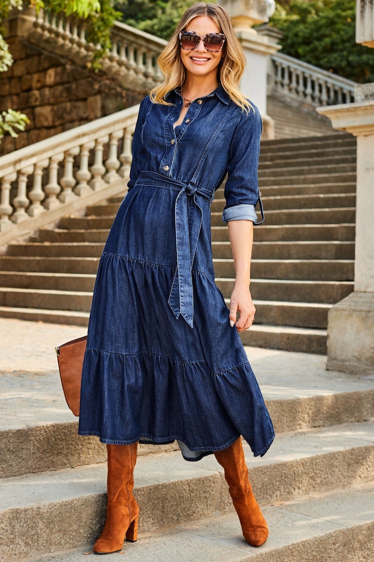 Sosandar Blue Indigo Tiered Hem Denim Midi Dress - Image 1 of 5