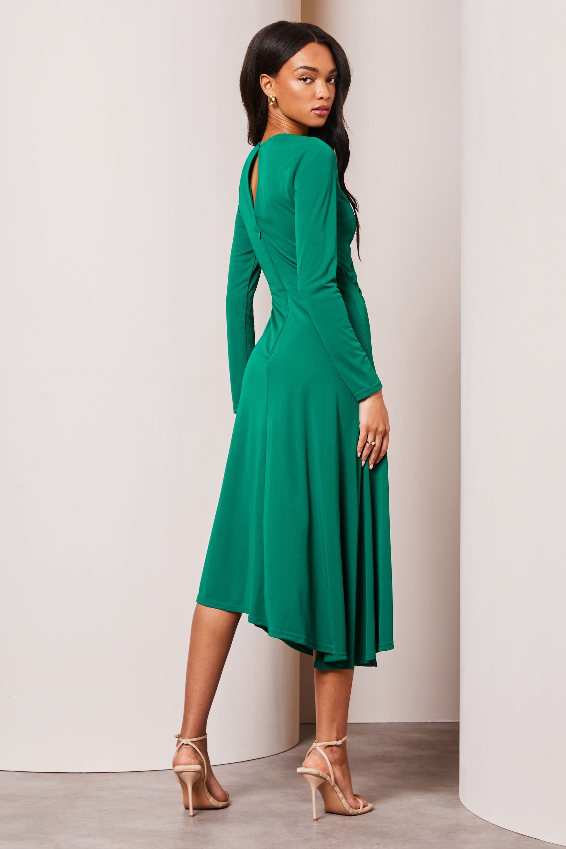 Buy Lipsy Forest Green Long Sleeve Cutout Ruched Asymmetrical Midi Dress from Next Luxembourg