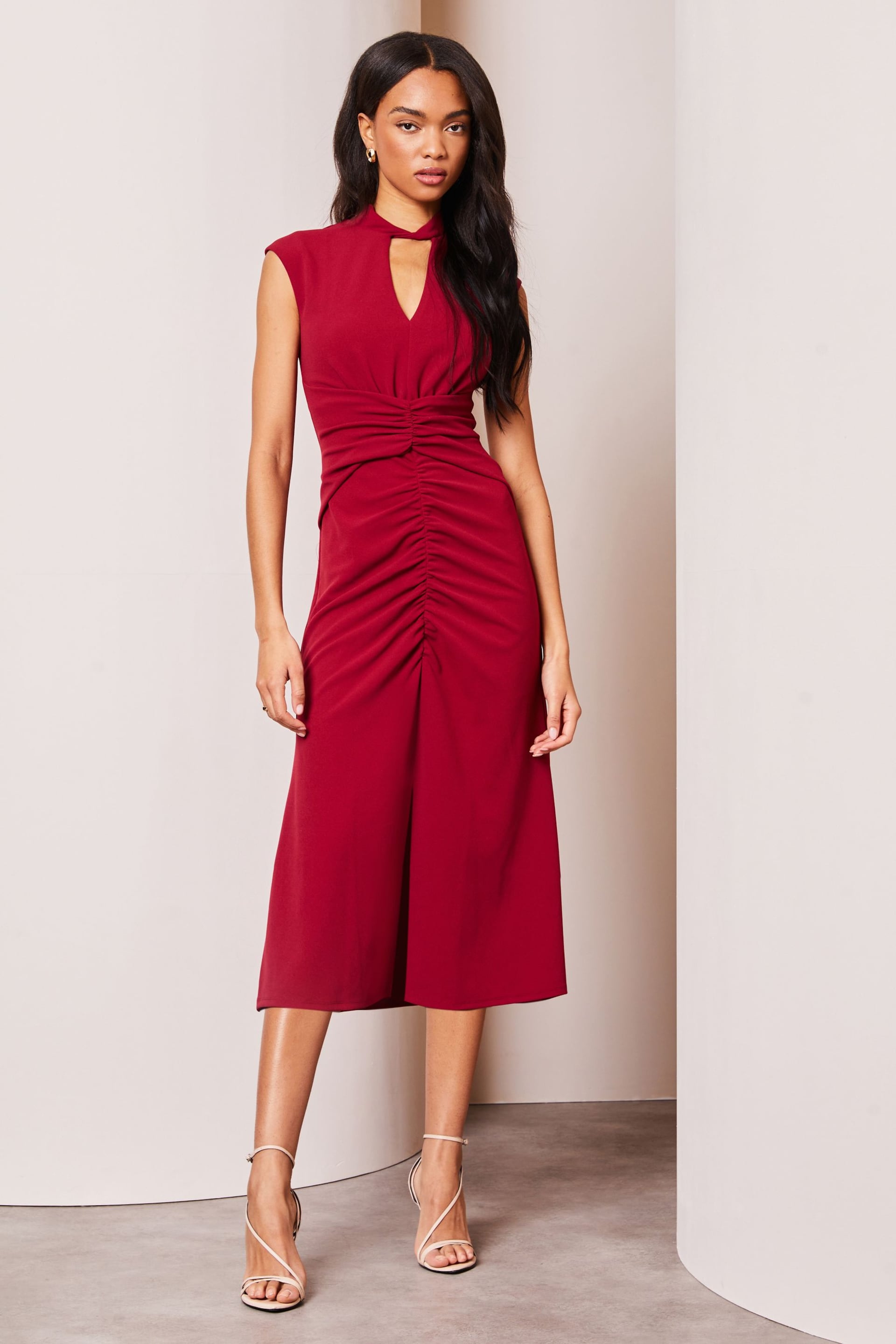Lipsy Berry Red Ruched Front Keyhole Short Sleeve Midi Dress - Image 1 of 4