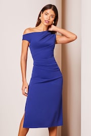 Lipsy Cobalt Blue Petite Drape One Shoulder Ruched Midi Dress - Image 1 of 4