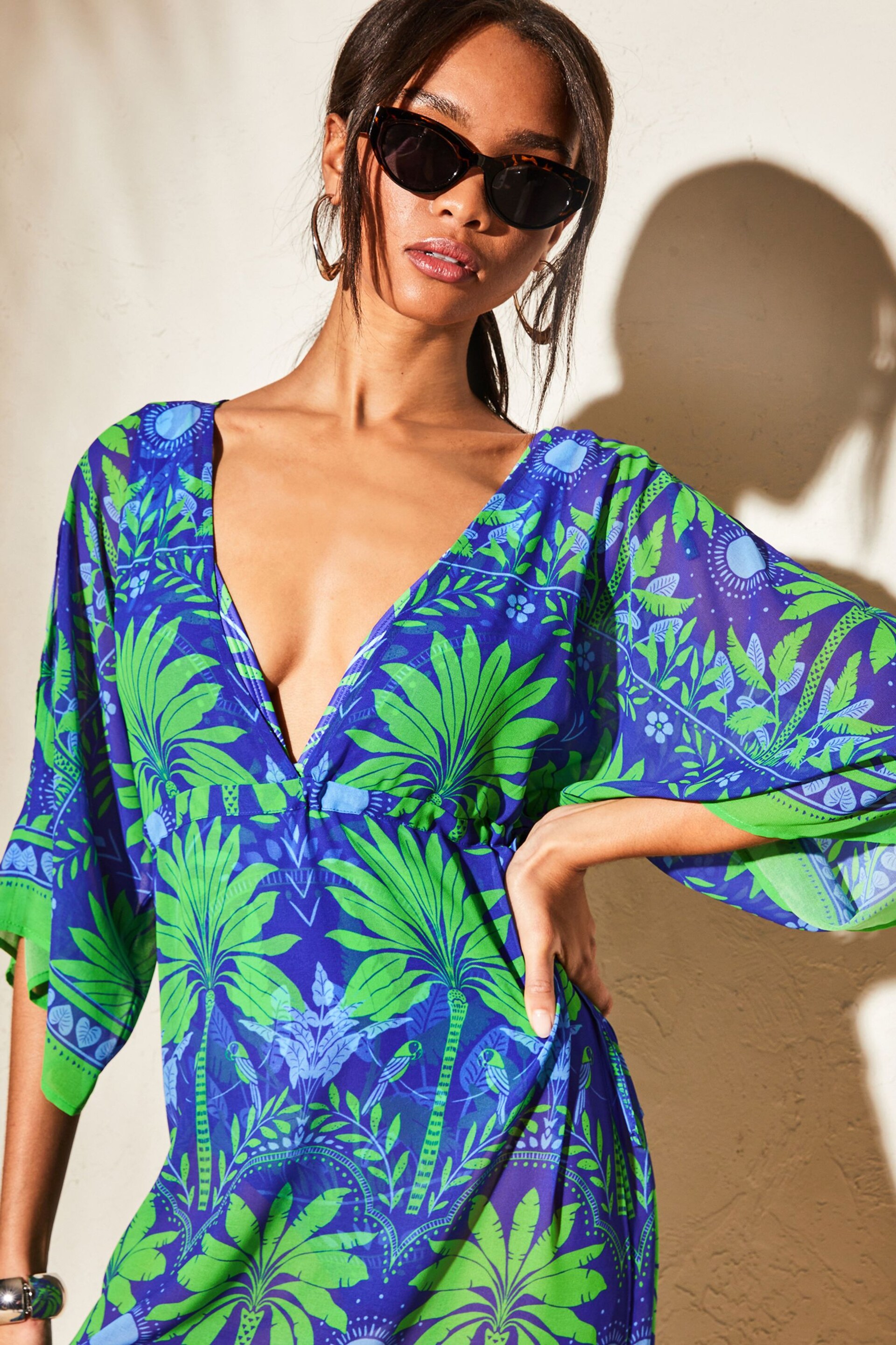 Lipsy Blue Green Printed V Neck Split Detail Cover Up - Image 4 of 4