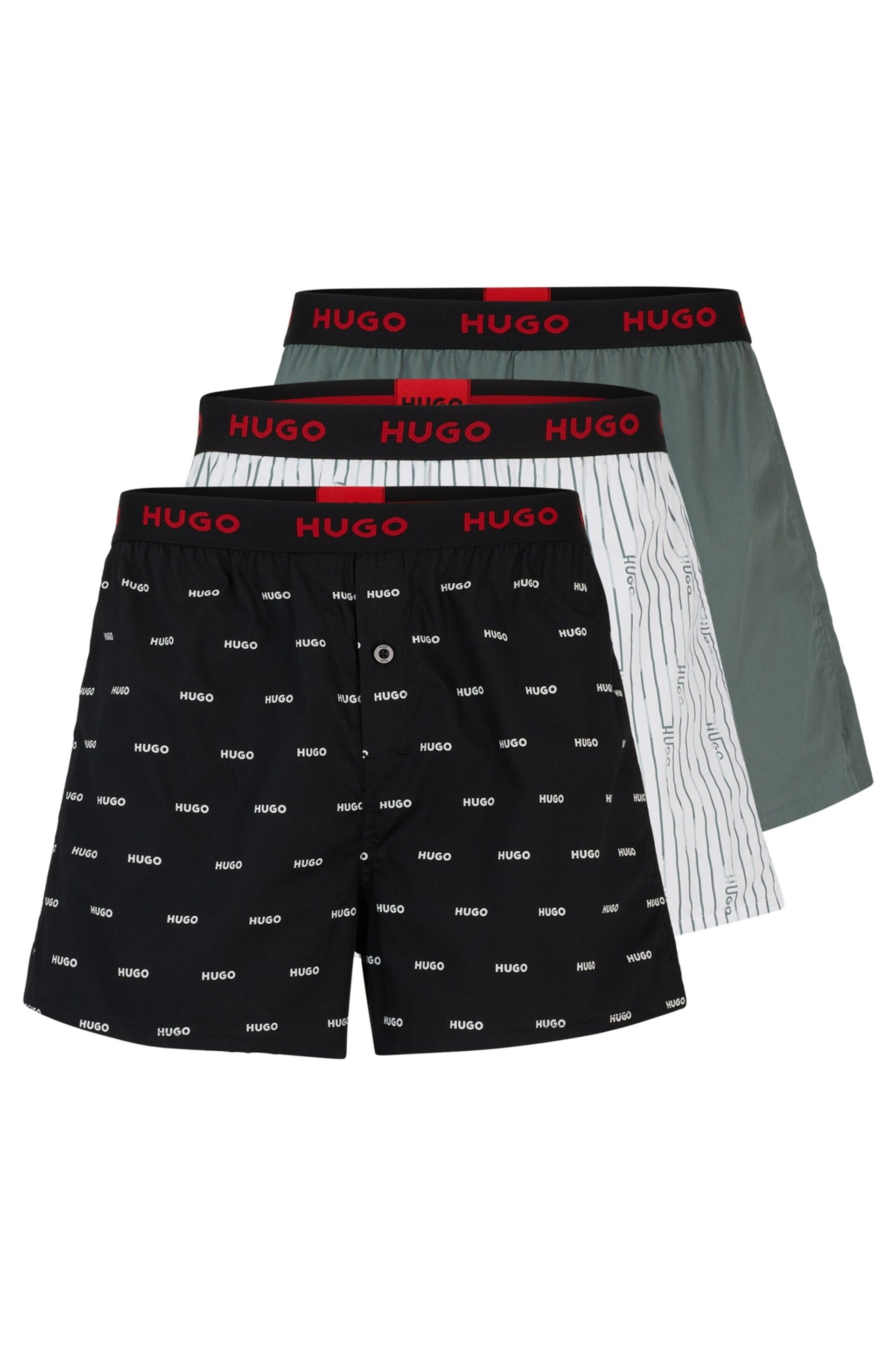 HUGO Green Cotton Boxers Shorts With Logo Waistbands 3 Pack - Image 1 of 6