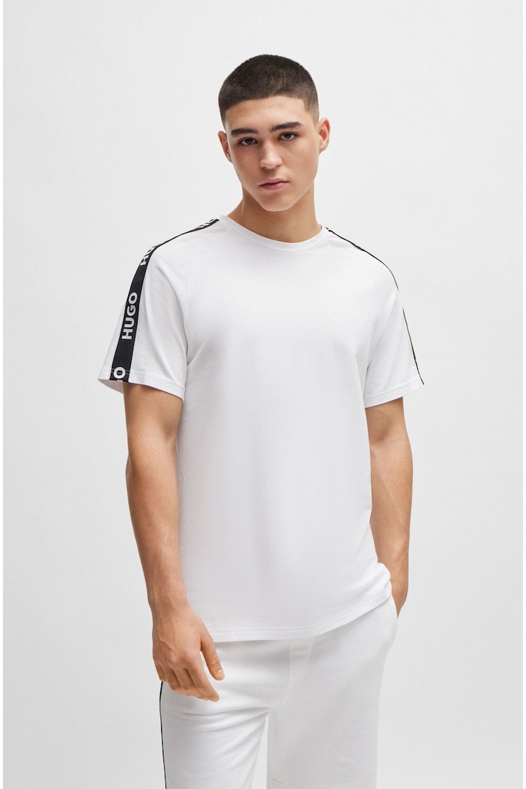 HUGO White Relaxed Fit T-Shirt in Stretch Cotton With Logo Tape - Image 1 of 5