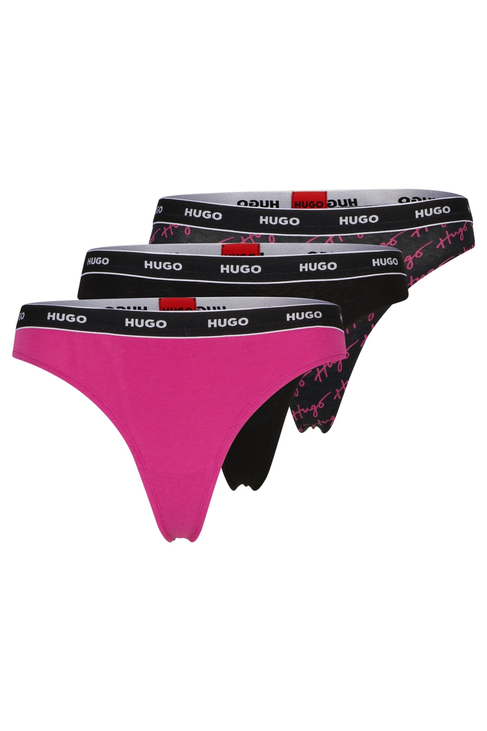HUGO Purple Stretch-Cotton Thongs Pack Of 3 With Logo Waistbands - Image 1 of 5