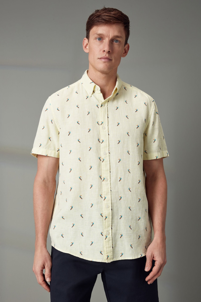 Yellow Linen Blend Printed Short Sleeve Shirt - Image 2 of 6