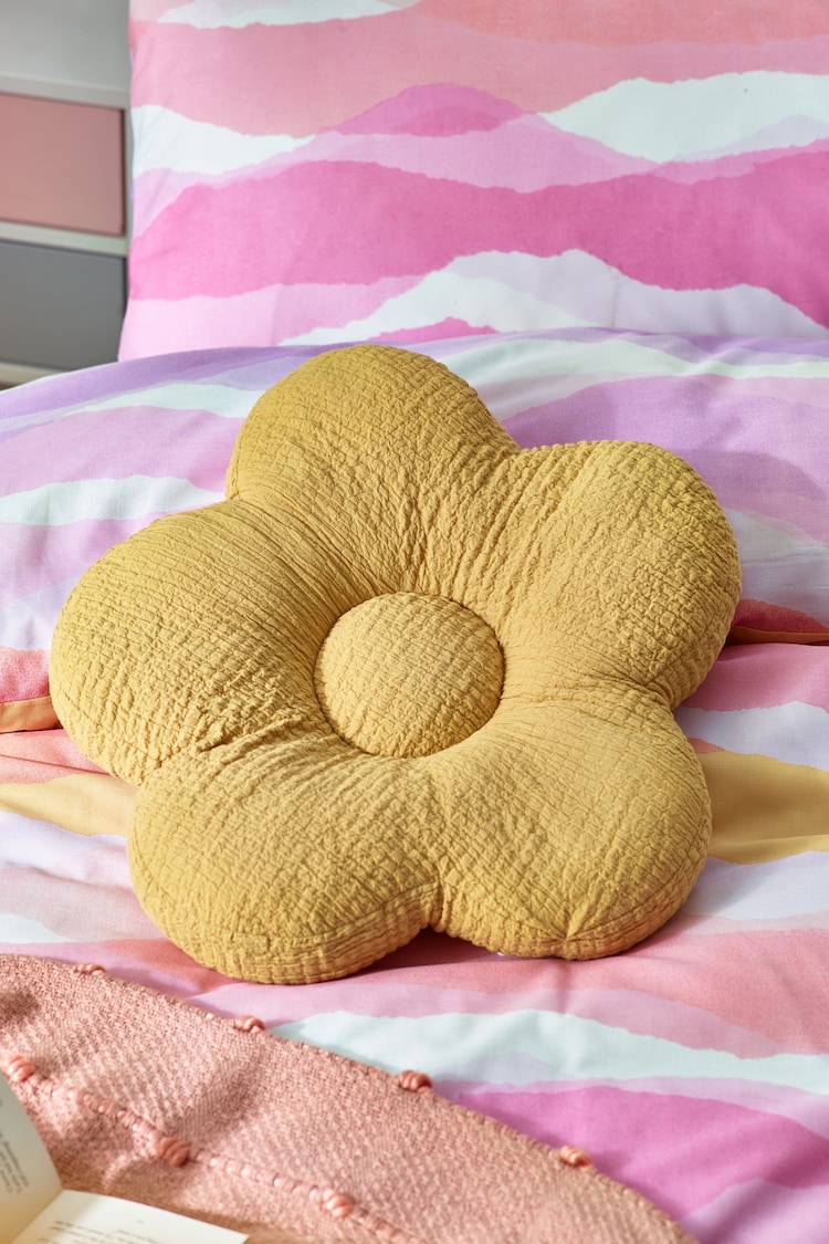 Ochre Yellow Textured Daisy 100% Cotton Cushion - Image 1 of 4