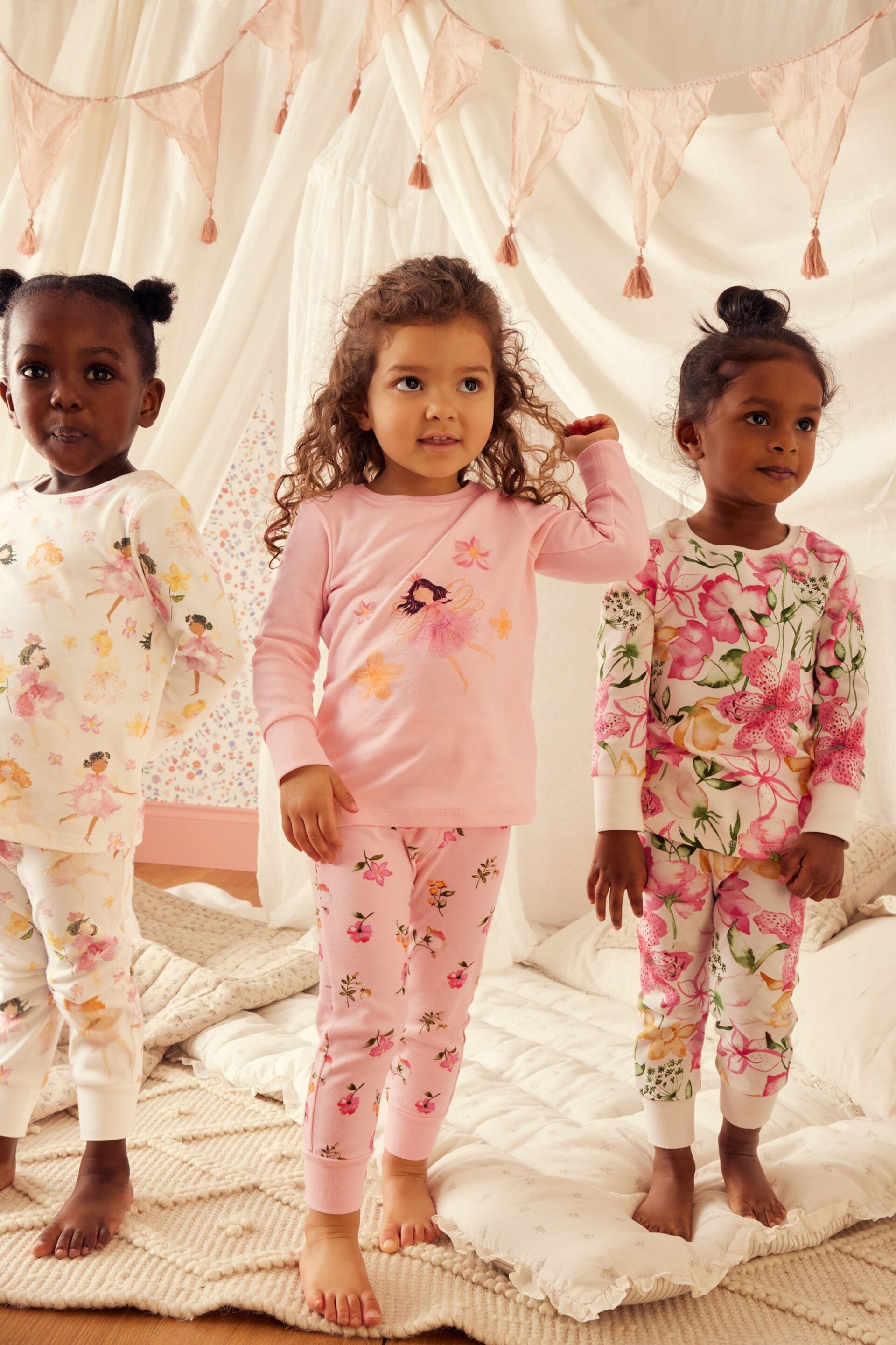 Pink/Cream Fairy Printed Pyjamas 3 Pack (9mths-12yrs) - Image 1 of 8