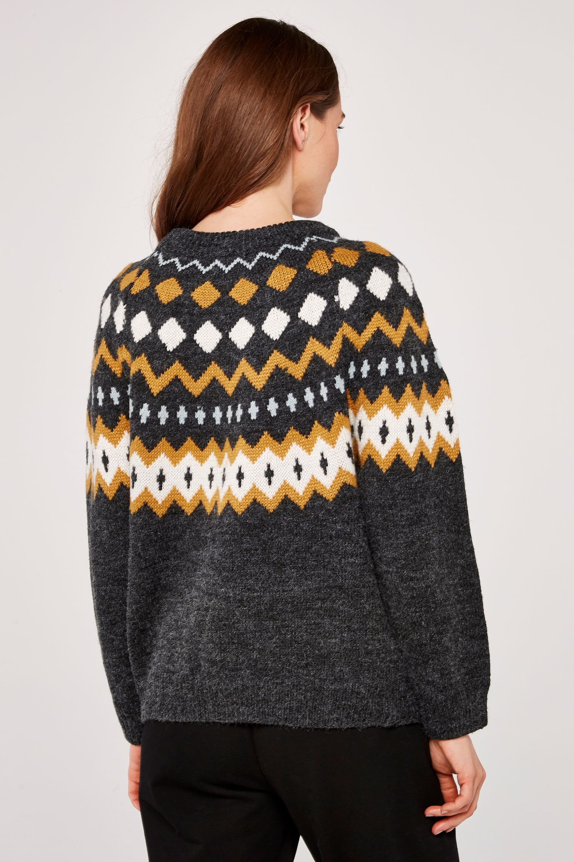 Apricot Grey Fairisle Neckline Wide Neck Jumper - Image 2 of 5