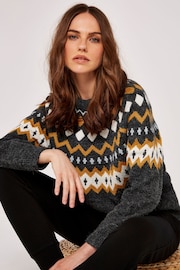 Apricot Grey Fairisle Neckline Wide Neck Jumper - Image 4 of 5