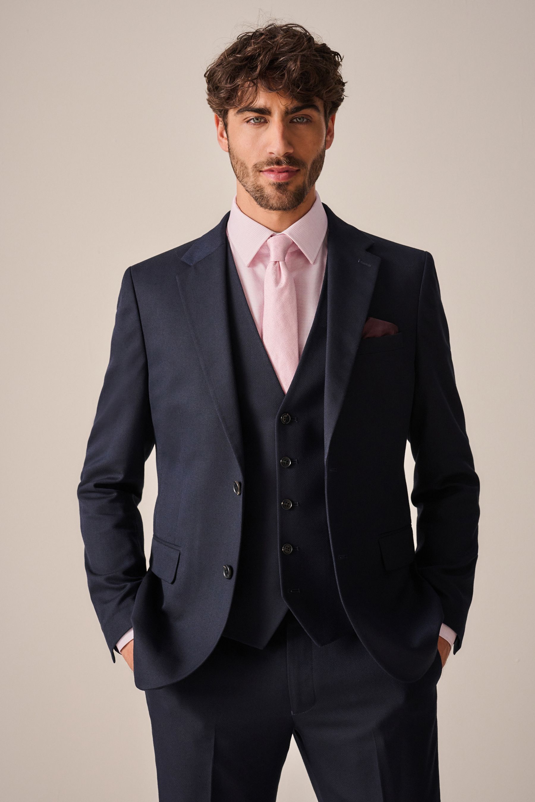 Navy Blue Slim Fit Textured Suit Jacket