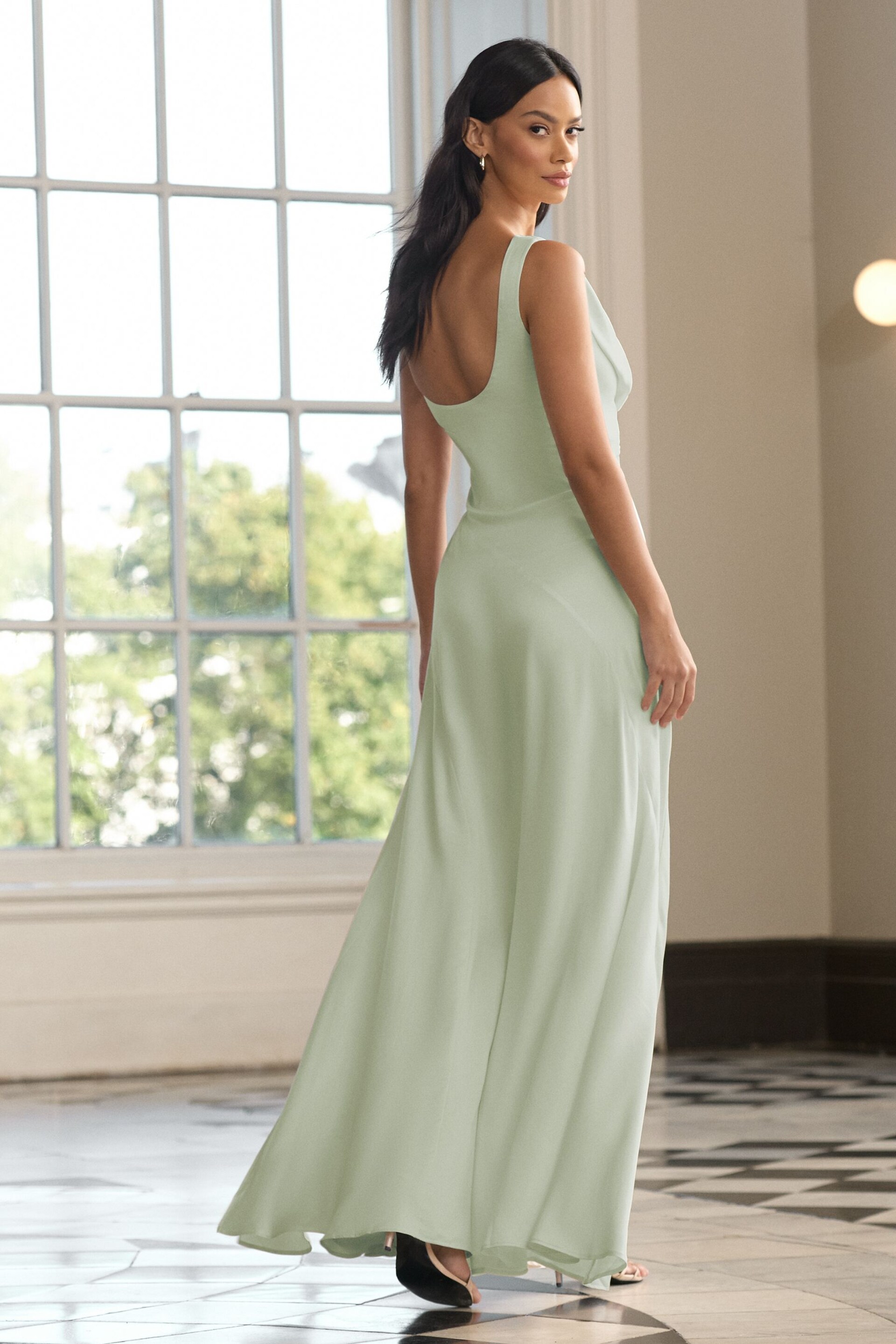 Lipsy Sage Green Petite Cowl Front Satin Maxi Bridesmaid Dress - Image 3 of 4