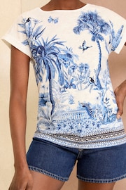 Love & Roses Blue Scenic Tropical Print Petite Crew Neck Woven Trim Linen Look Jersey T-Shirt - Image 2 of 4