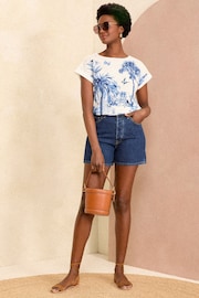 Love & Roses Blue Scenic Tropical Print Petite Crew Neck Woven Trim Linen Look Jersey T-Shirt - Image 4 of 4