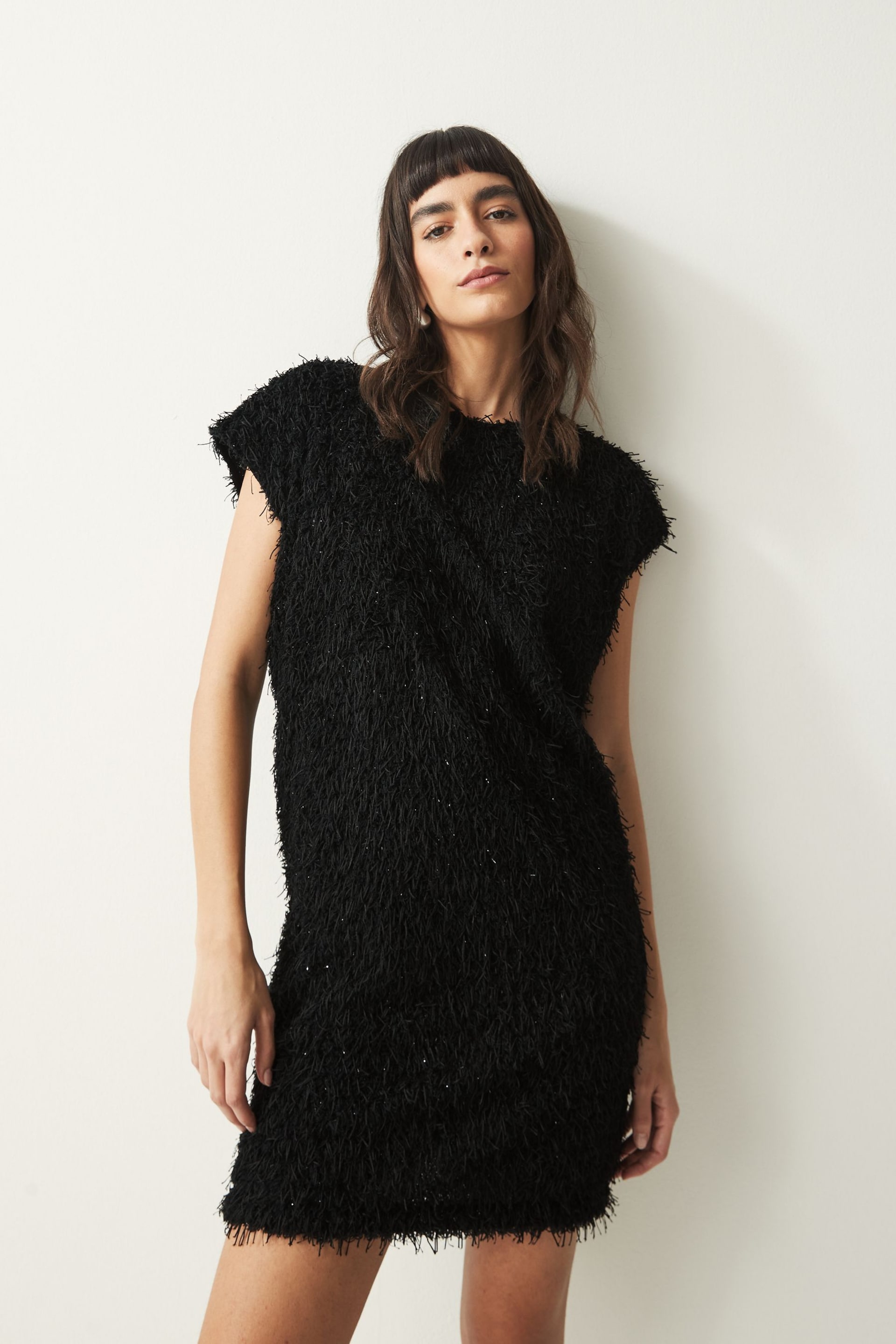 Black Mini Short Sleeve Textured Dress - Image 1 of 3