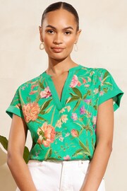 V&A | Love & Roses Green Floral Petite V Neck Jersey Short Sleeve T-Shirt - Image 1 of 4