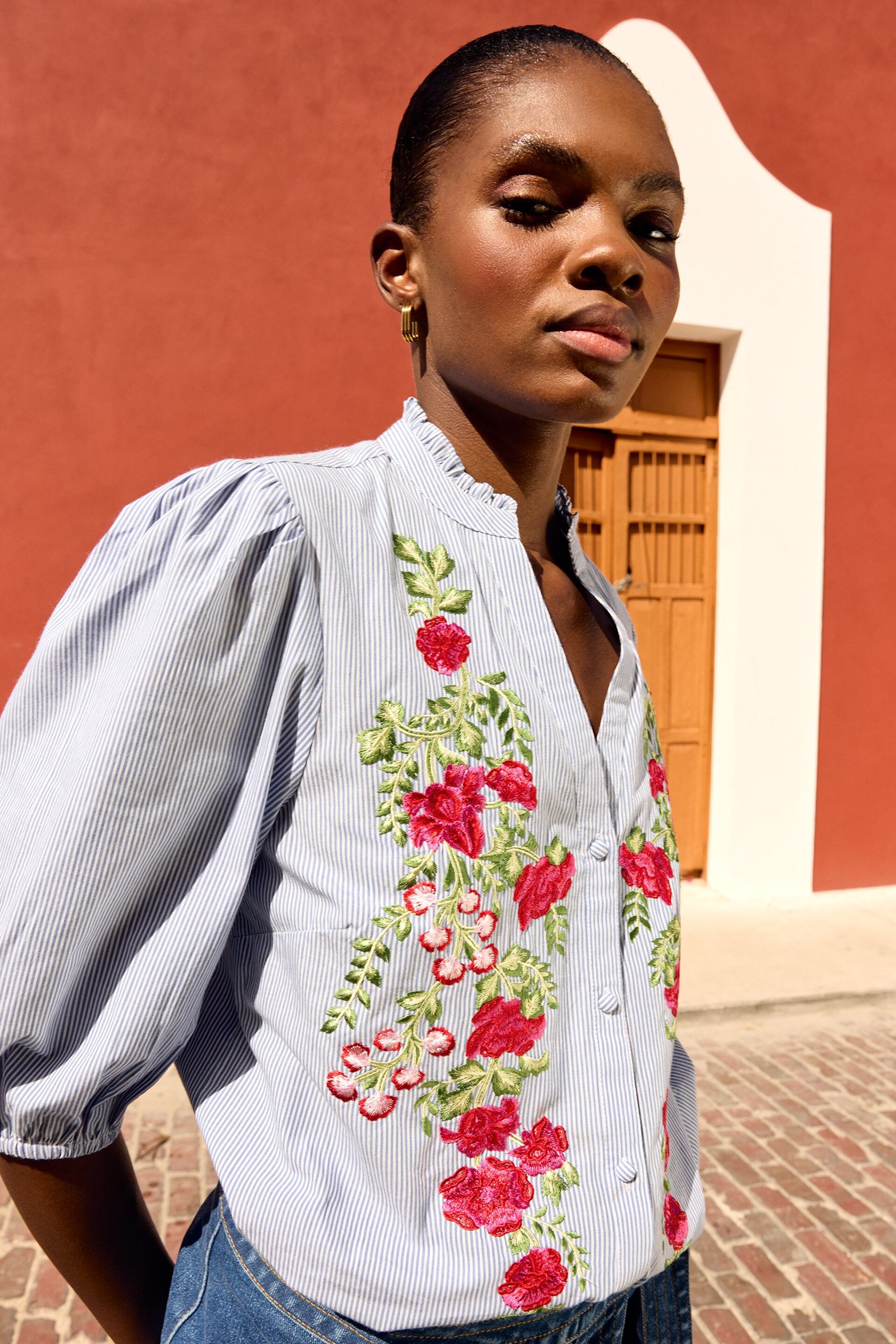 Love & Roses Stripe Embroidery Embroidered V Neck 3/4 Sleeve Blouse - Image 2 of 4