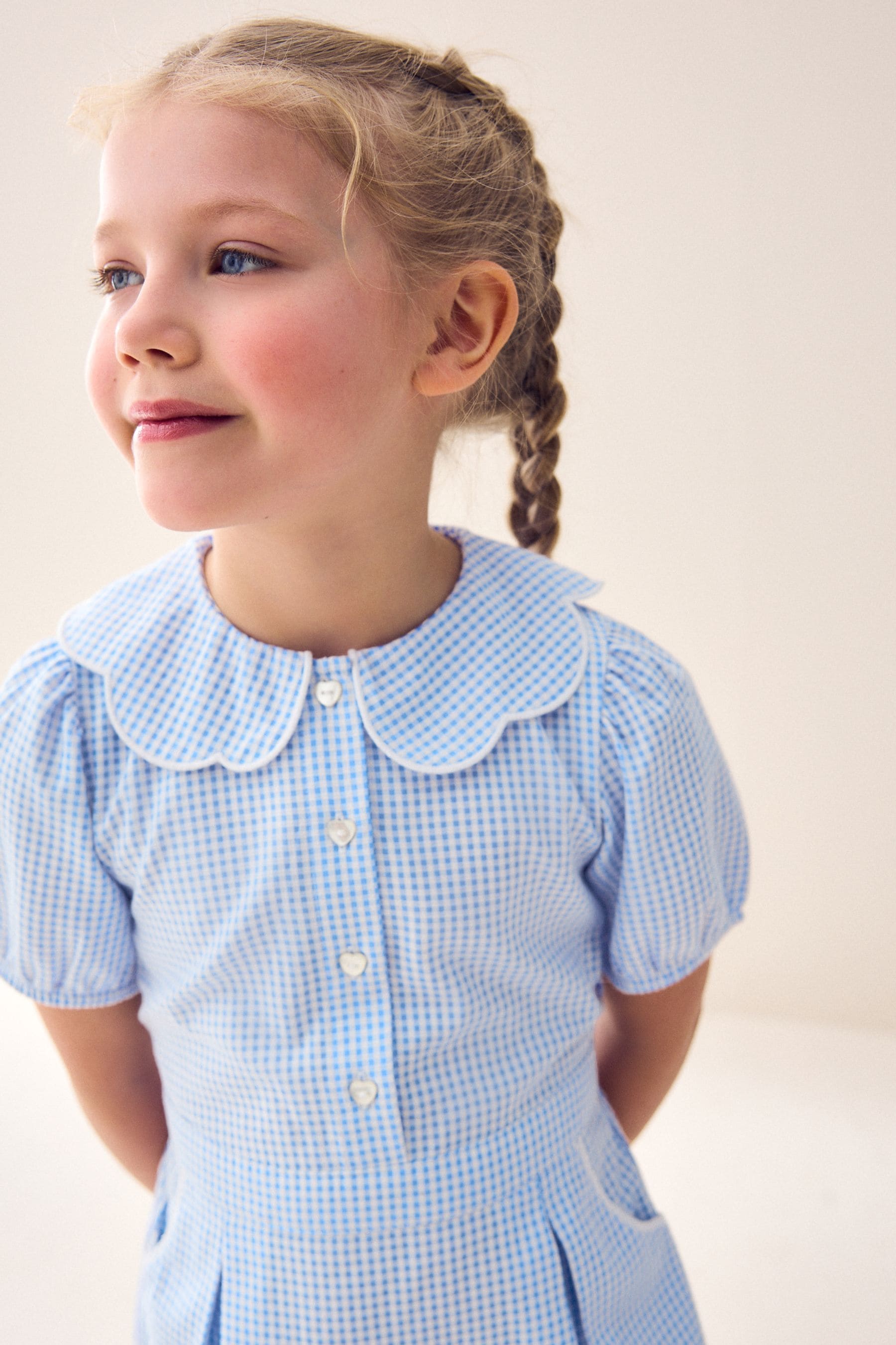 Blue and white gingham school dress outlet