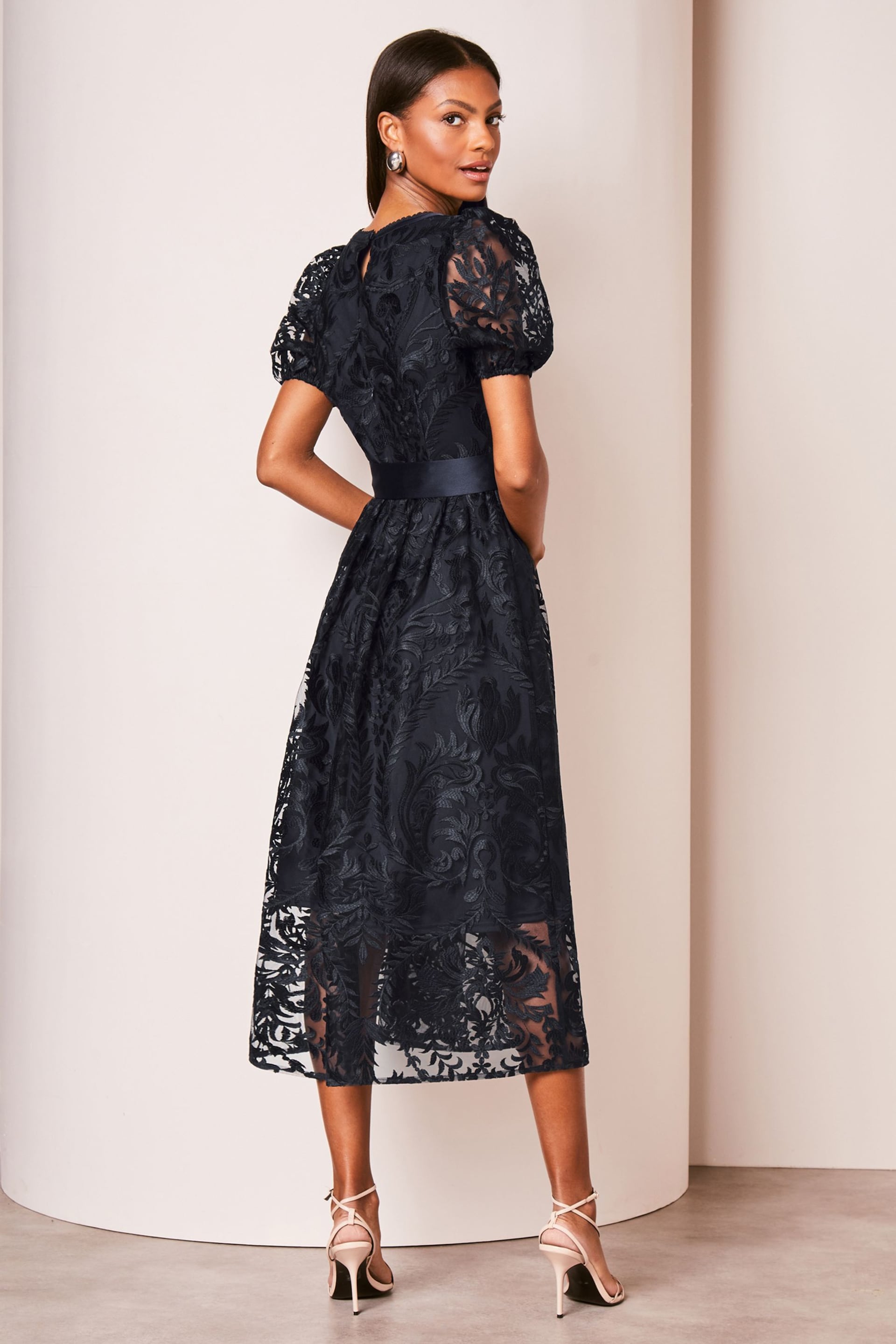 Lipsy Navy Blue Premium Lace Embroidered Puff Sleeve Belted Midi Dress - Image 2 of 3