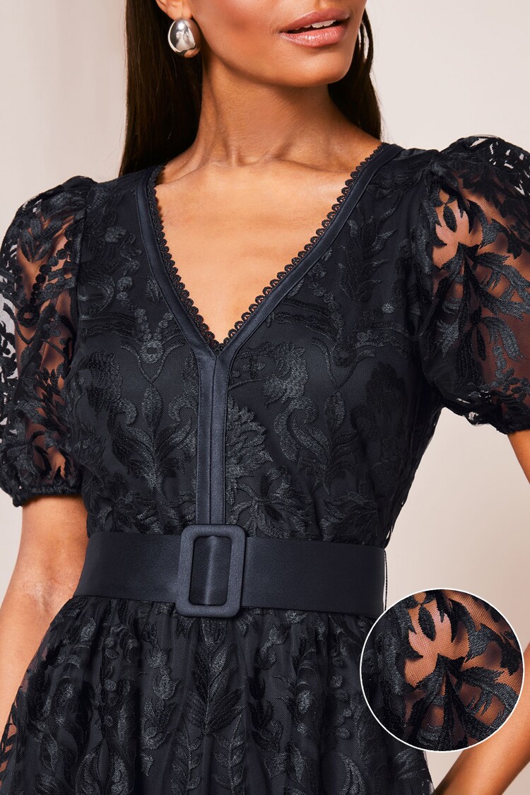 Buy Lipsy Navy Blue Premium Lace Embroidered Puff Sleeve Belted Midi ...