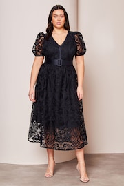 Lipsy Navy Blue Curve Premium Lace Embroidered Puff Sleeve Belted Midi Dress - Image 1 of 3