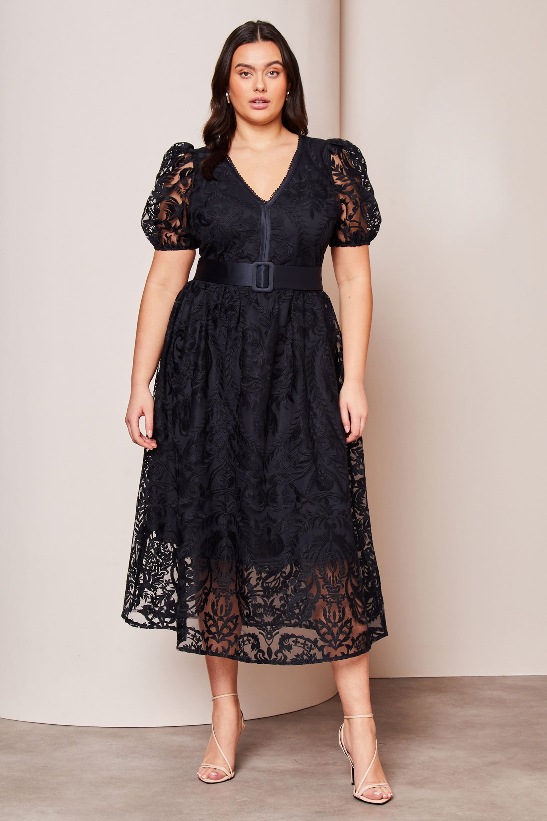Lipsy Navy Blue Curve Premium Lace Embroidered Puff Sleeve Belted Midi Dress - Image 1 of 3