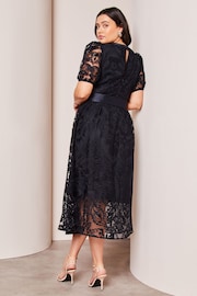 Lipsy Navy Blue Curve Premium Lace Embroidered Puff Sleeve Belted Midi Dress - Image 2 of 3