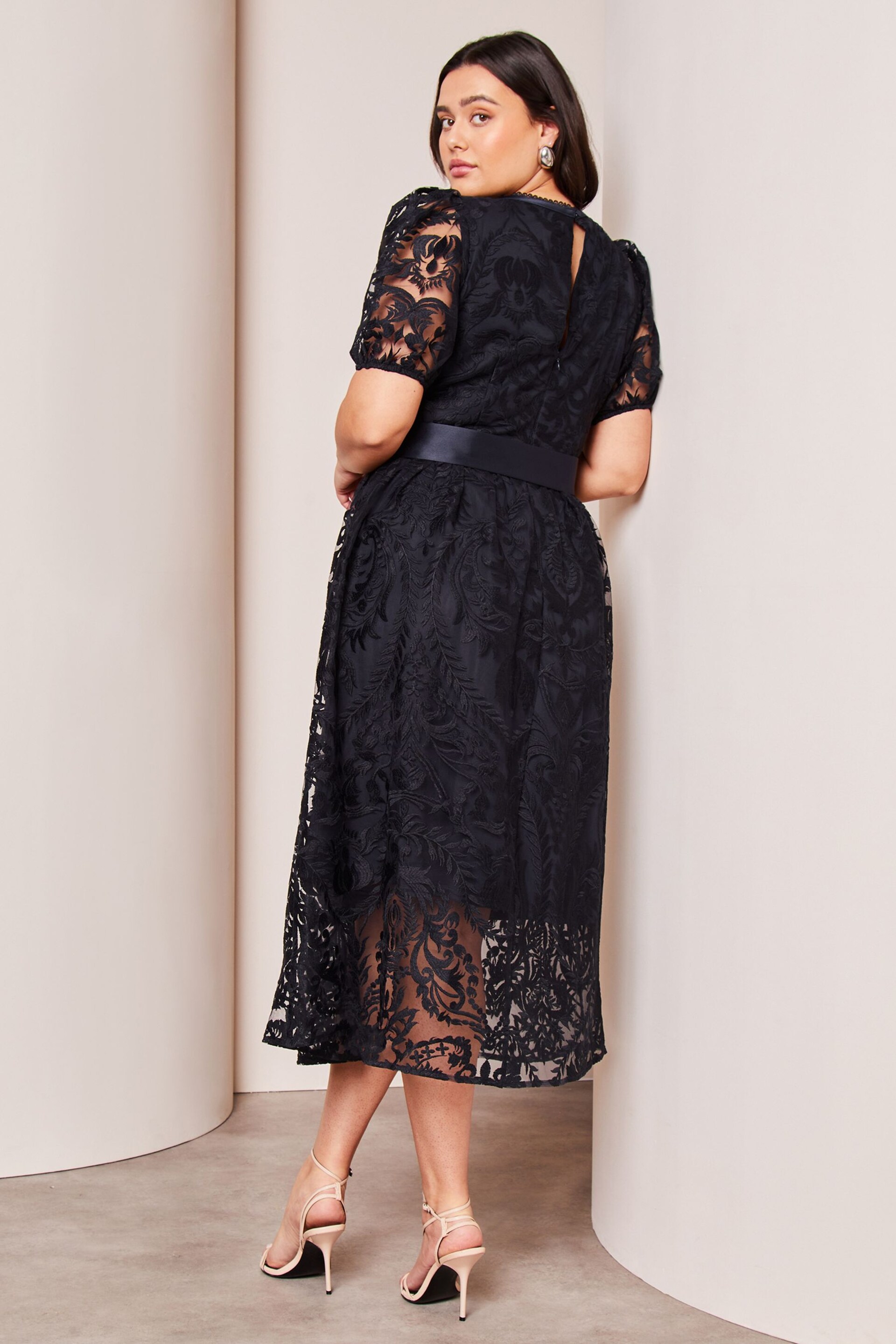 Lipsy Navy Blue Curve Premium Lace Embroidered Puff Sleeve Belted Midi Dress - Image 2 of 3