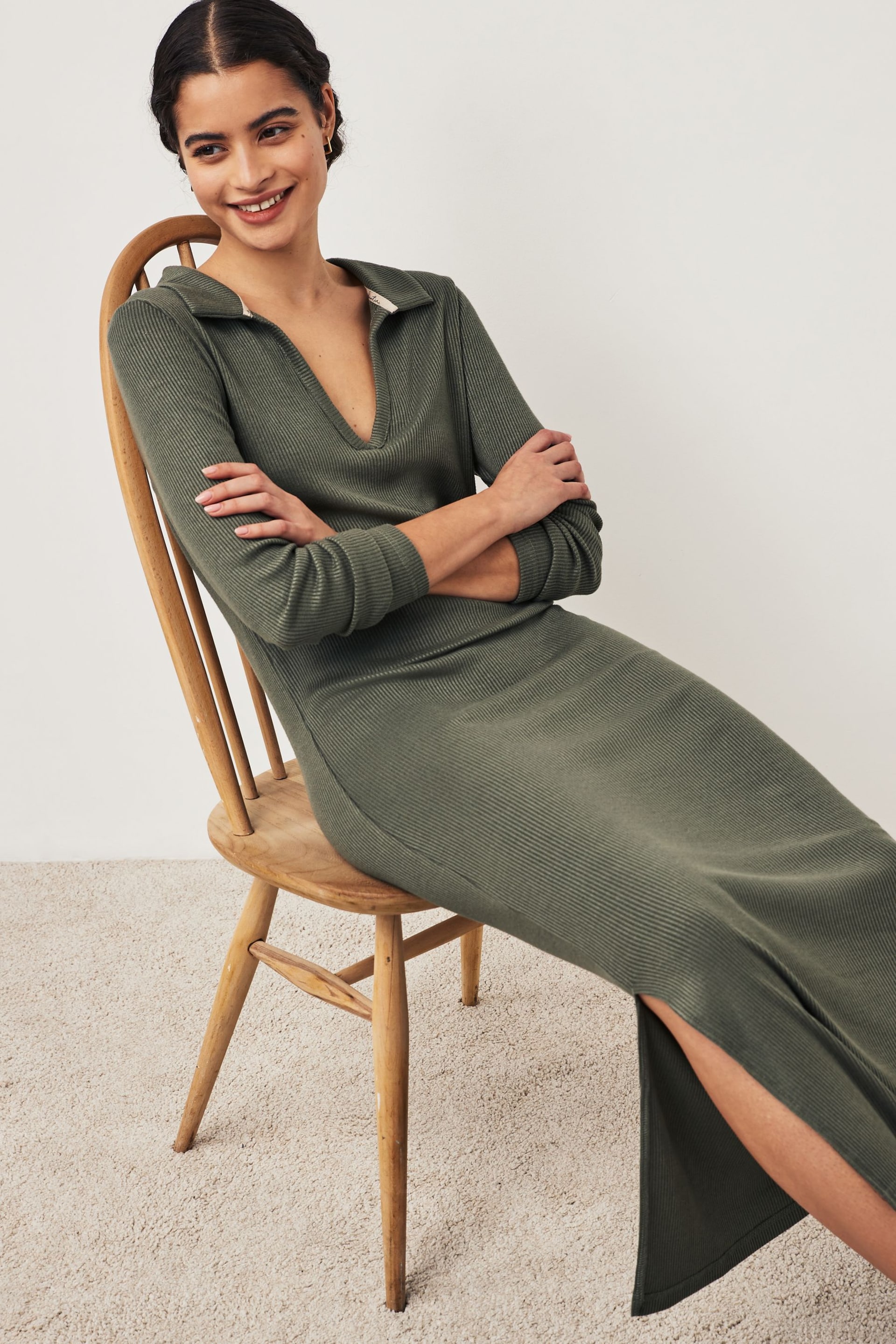 Khaki Midi Ribbed Dress - Image 1 of 7