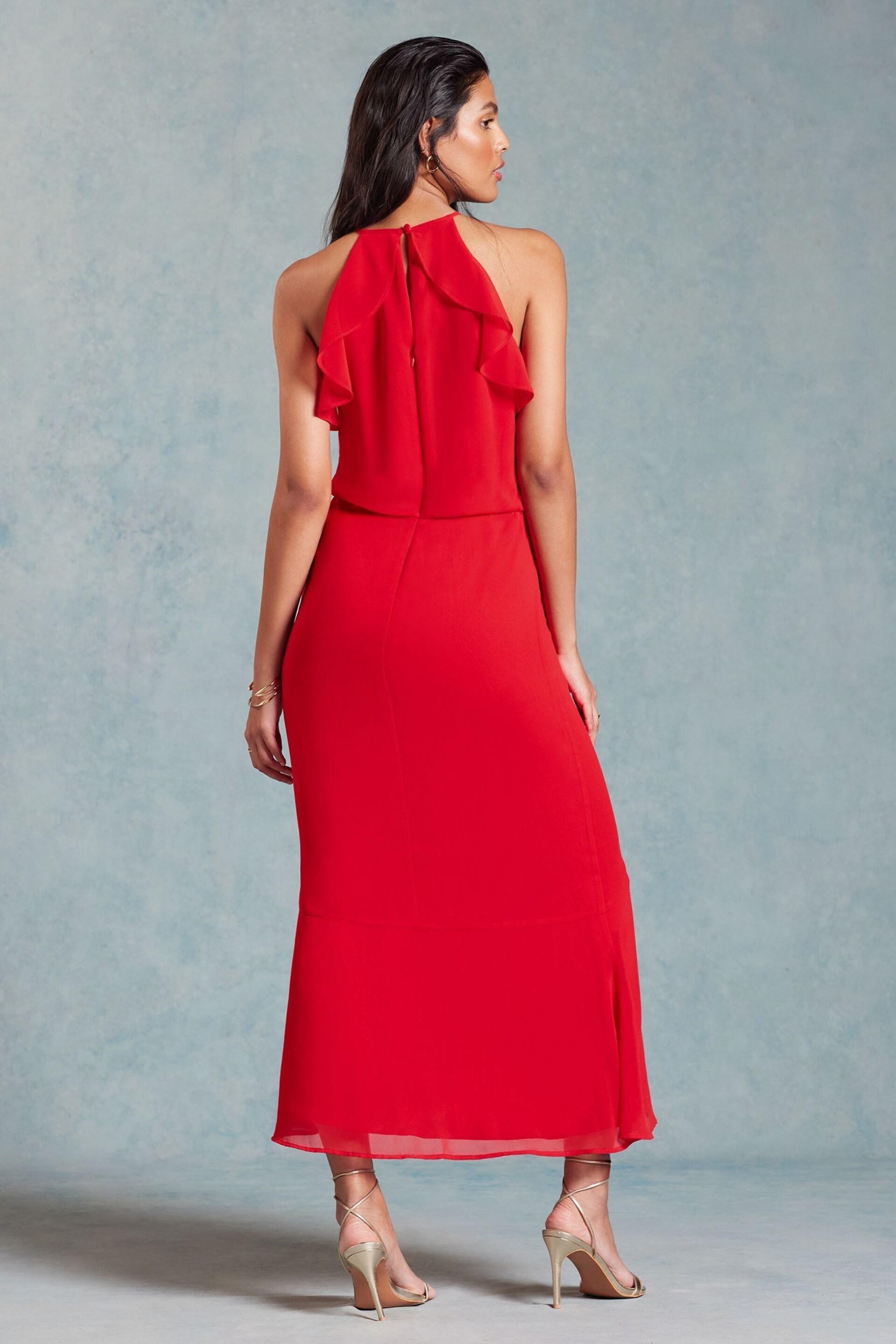 Love & Roses Red Halterneck Corsage Detail Midi Dress - Image 2 of 4