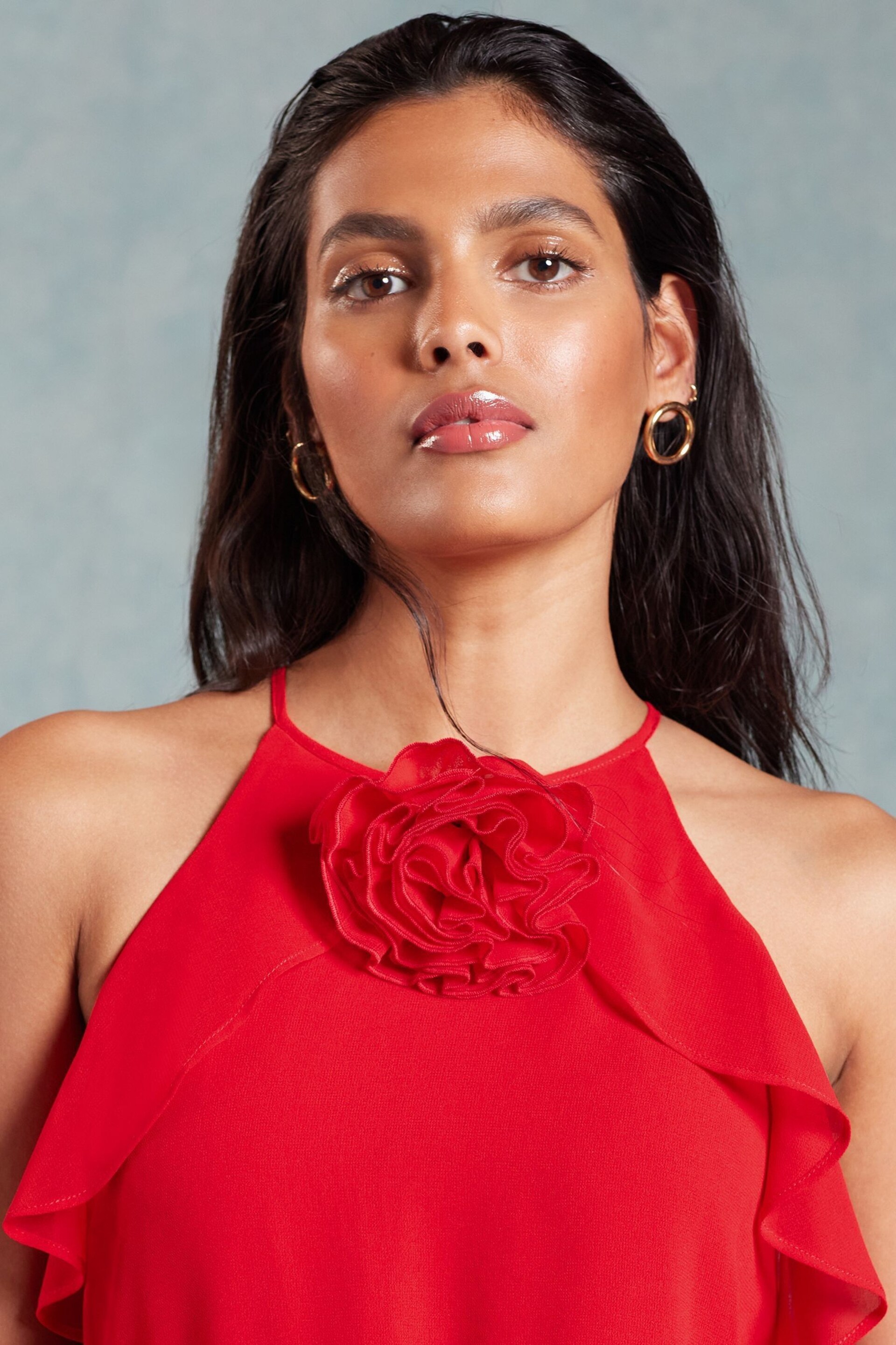 Love & Roses Red Halterneck Corsage Detail Midi Dress - Image 4 of 4