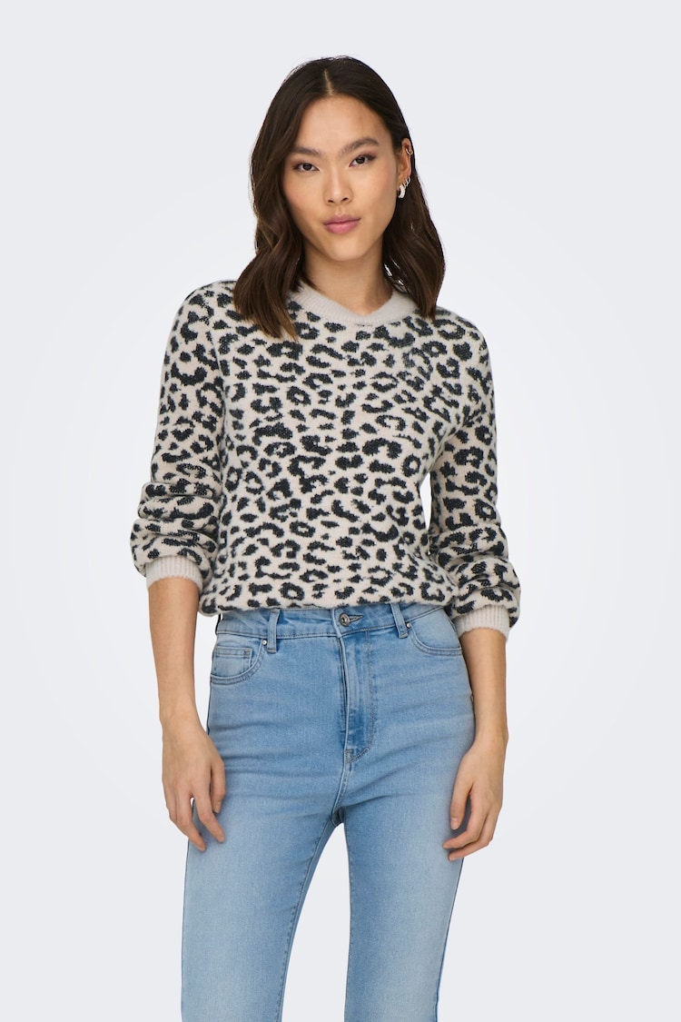 JDY Grey Leopard Print Soft Touch V-Neck Jumper - Image 1 of 6