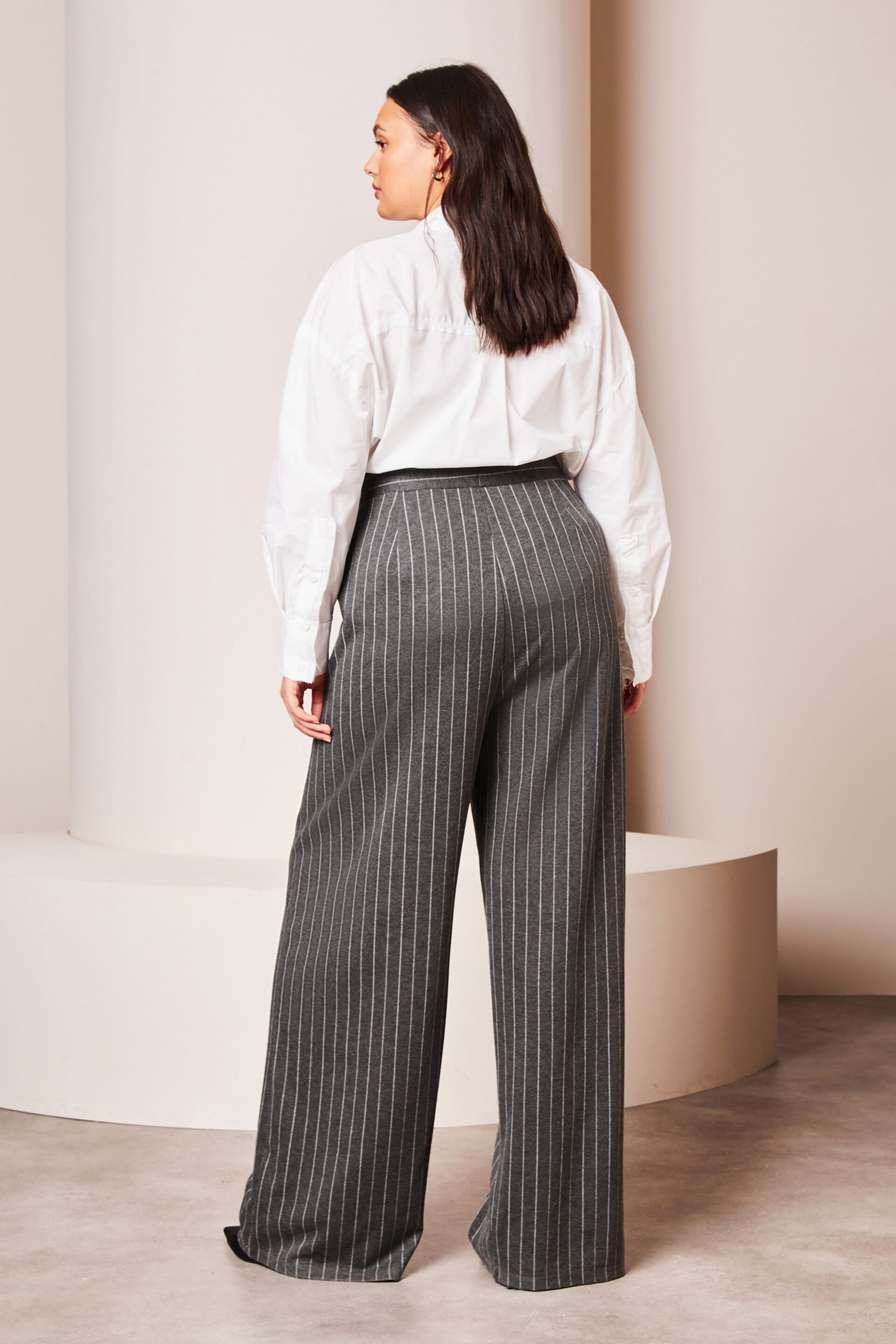 Lipsy Grey Pinstripe Curve High Waist Wide Leg Tailored Trousers - Image 2 of 4