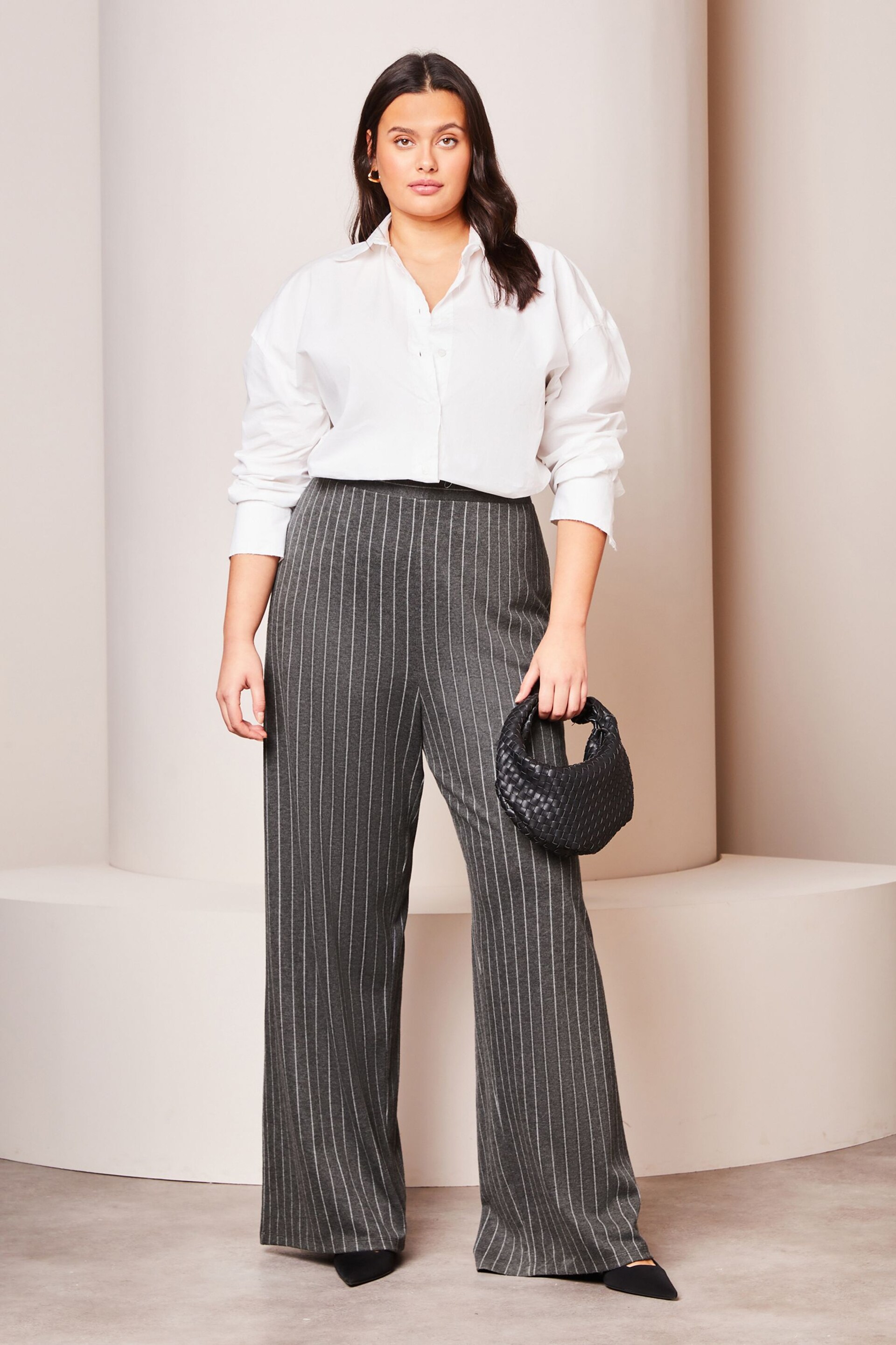 Lipsy Grey Pinstripe Curve High Waist Wide Leg Tailored Trousers - Image 3 of 4