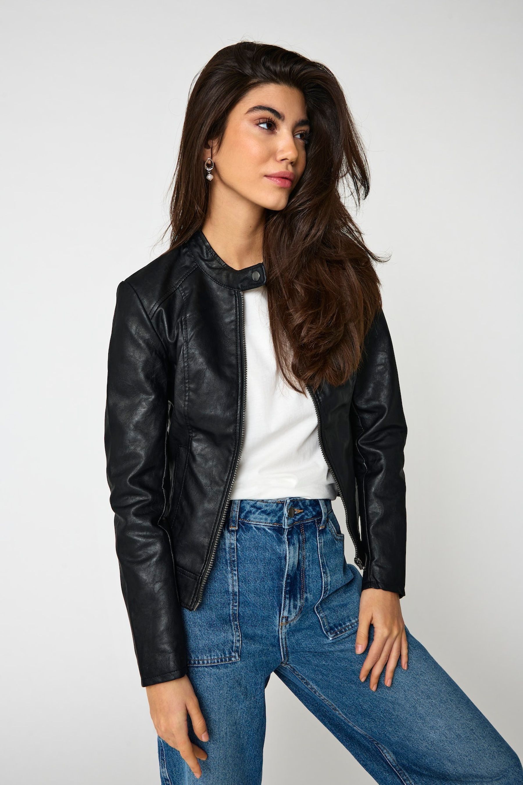 Buy JDY Black Petite Faux Leather Biker Jacket from Next Luxembourg