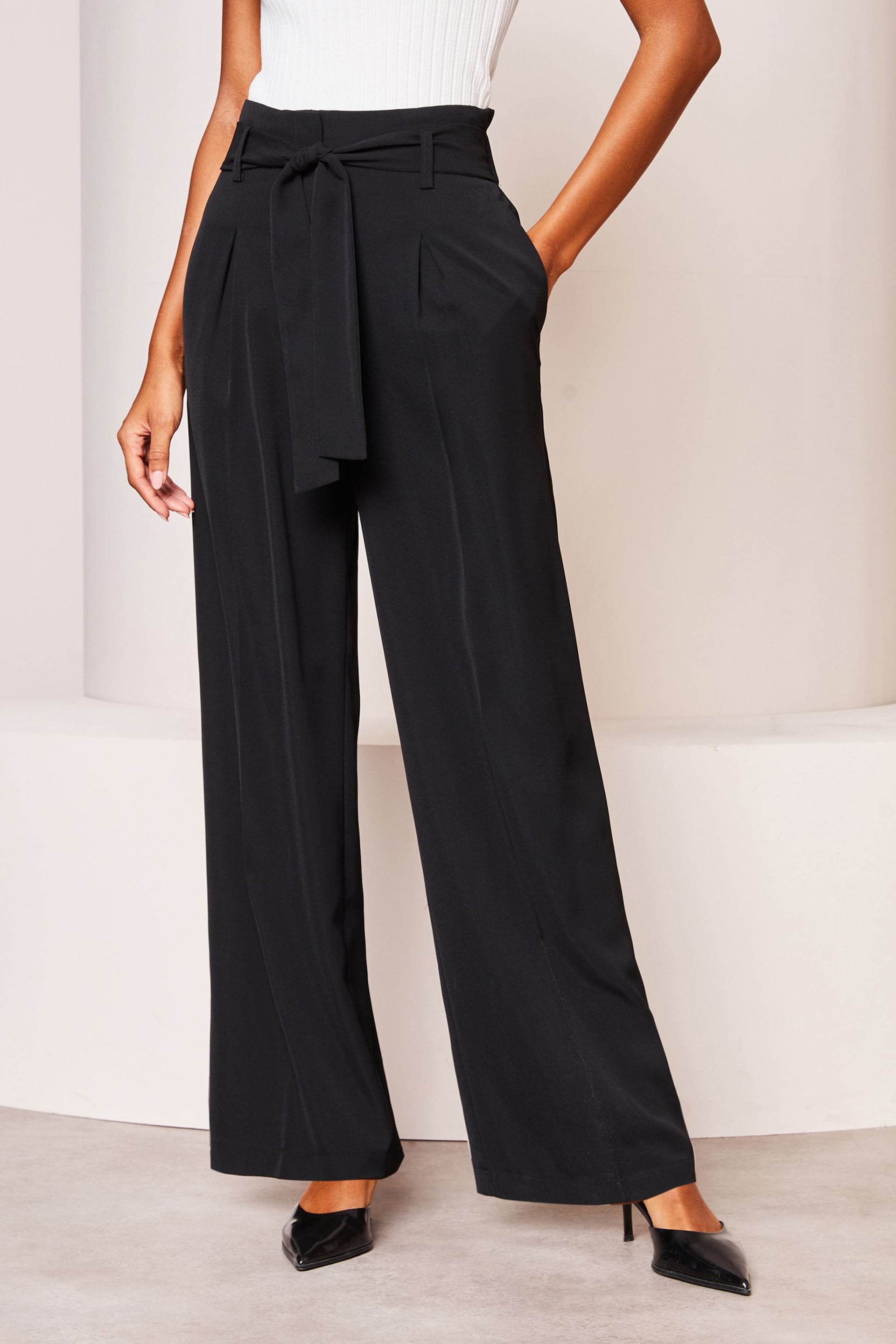 Lipsy Black Belted Wide Leg Trousers - Image 1 of 4