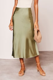 Lipsy Khaki Green Satin Bias Cut Midi Skirt - Image 1 of 4