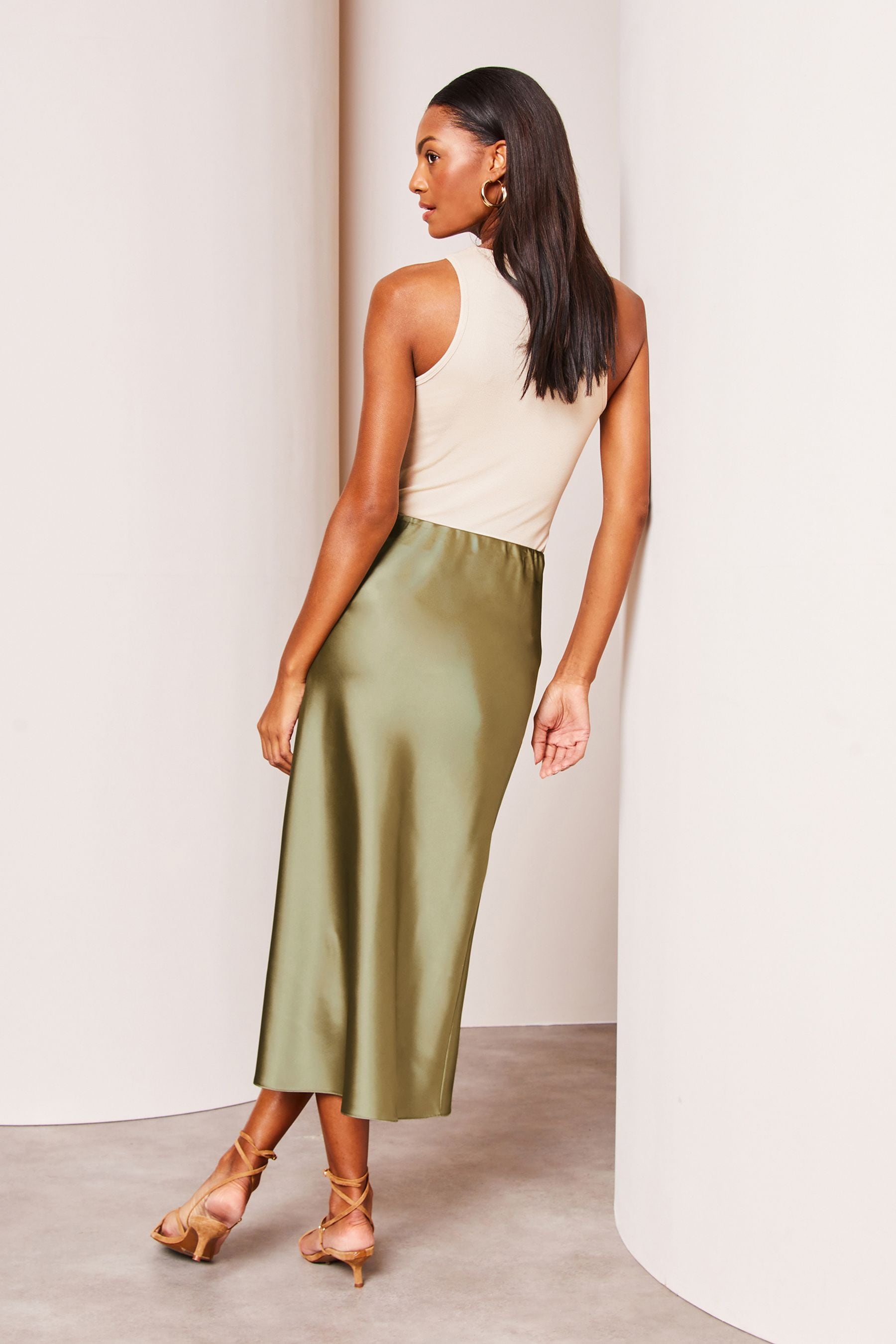 Buy Lipsy Khaki Green Satin Bias Cut Midi Skirt from Next Luxembourg