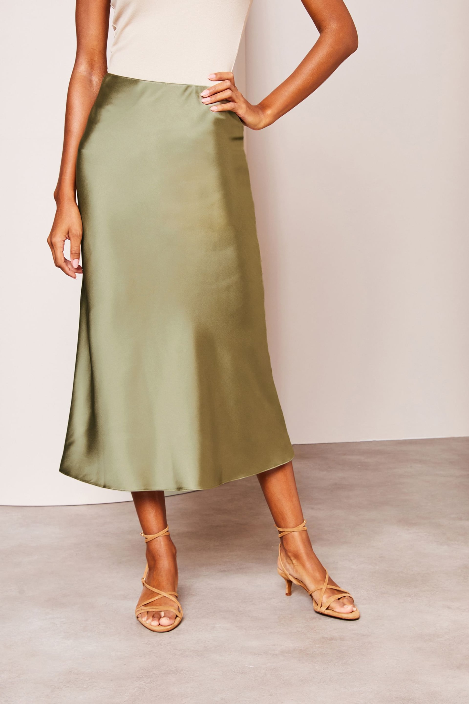 Lipsy Khaki Green Satin Bias Cut Midi Skirt - Image 3 of 4