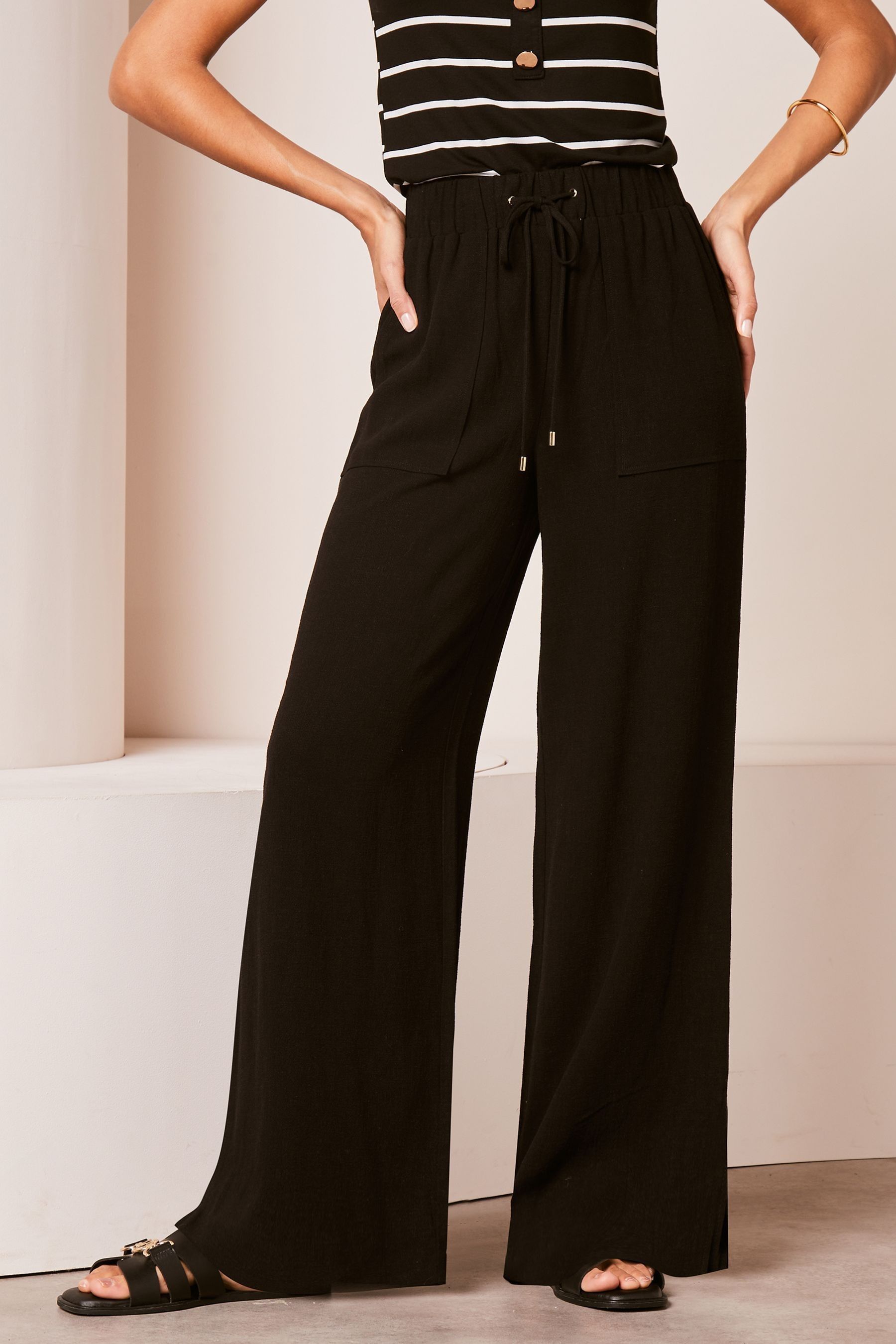 Buy Lipsy Black Wide Leg Trousers With A Touch Of Linen from the Next UK online shop