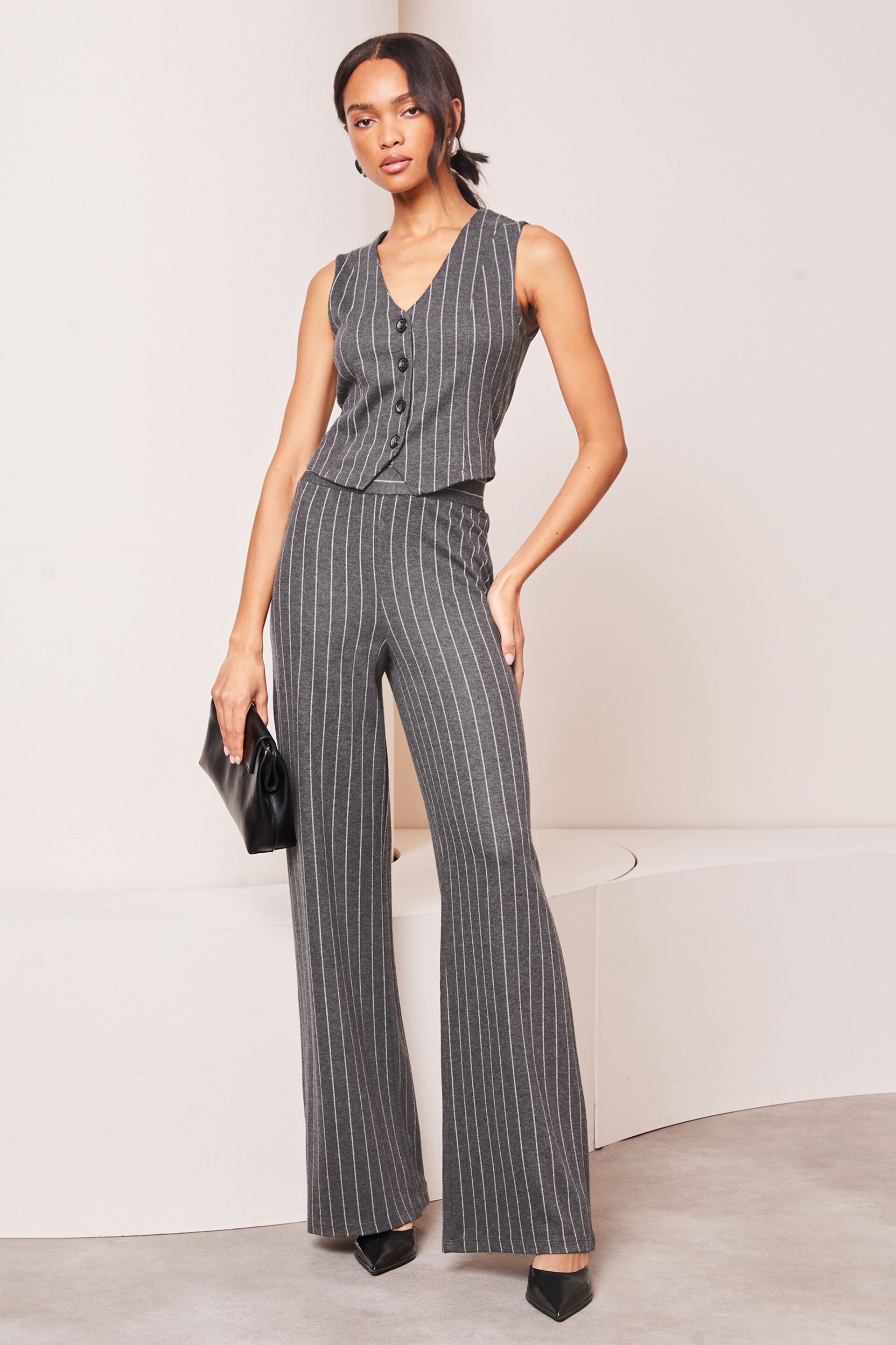 Lipsy Grey Pinstripe High Waist Wide Leg Tailored Trousers - Image 3 of 3
