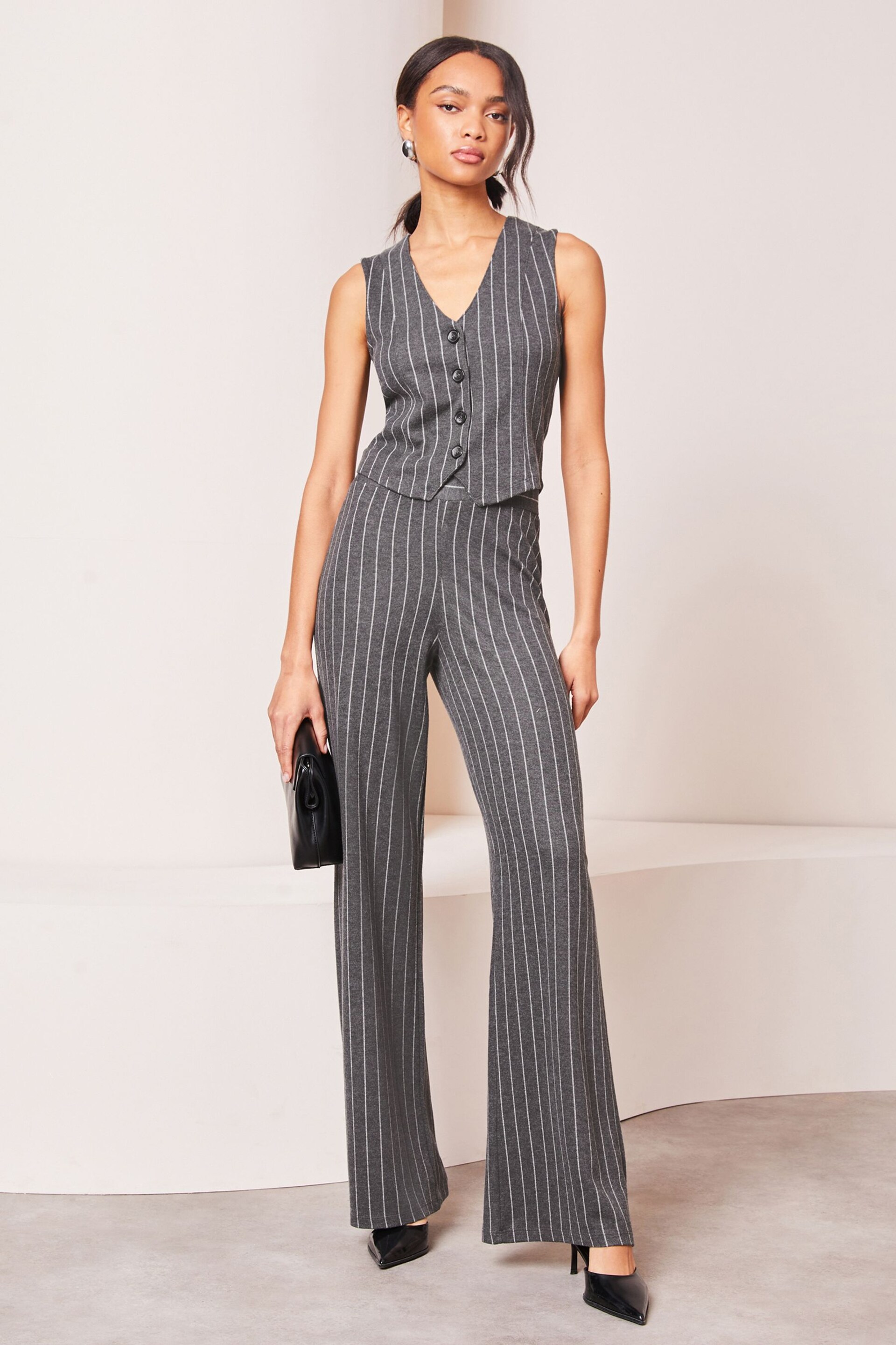 Lipsy Grey Pinstripe Jersey Pinstripe Waistcoat - Image 3 of 4