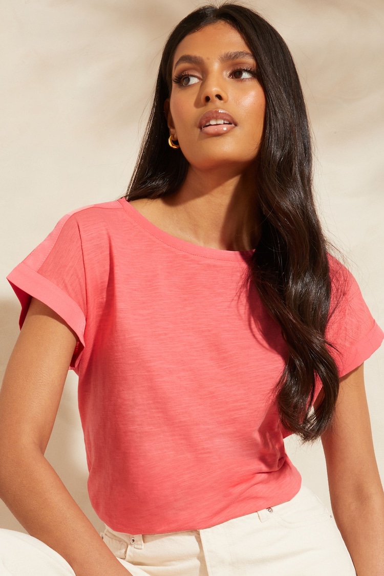 Love & Roses Coral Crew Neck Woven Trim Linen Look Jersey T-Shirt - Image 1 of 3