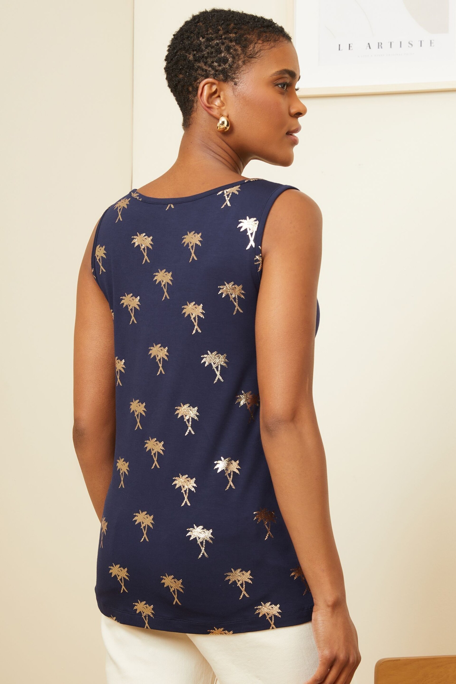 Love & Roses Navy Blue Foil Print Jersey Scoop Neck Vest Top - Image 3 of 4